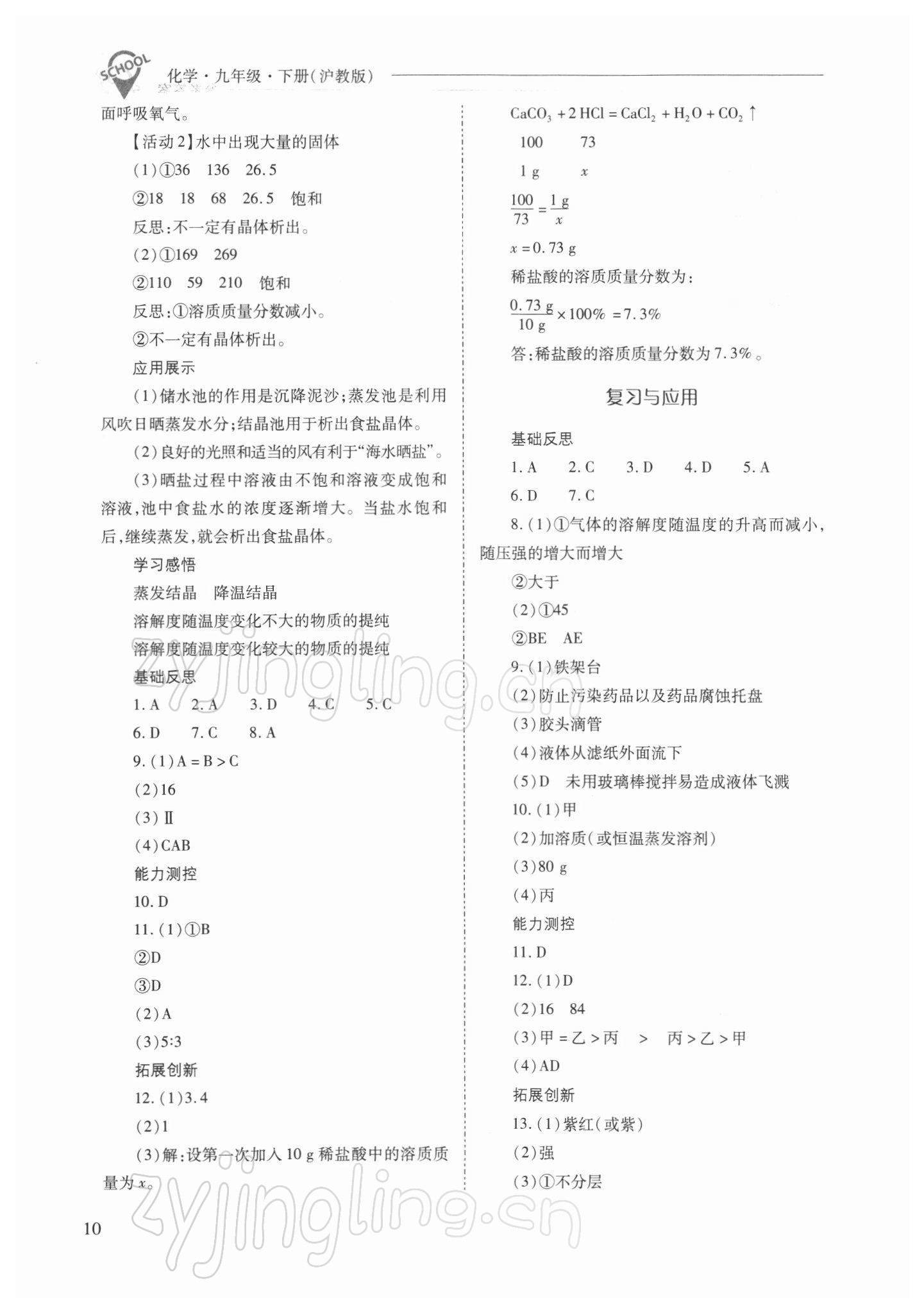 2022年新課程問(wèn)題解決導(dǎo)學(xué)方案九年級(jí)化學(xué)下冊(cè)滬教版 參考答案第10頁(yè)