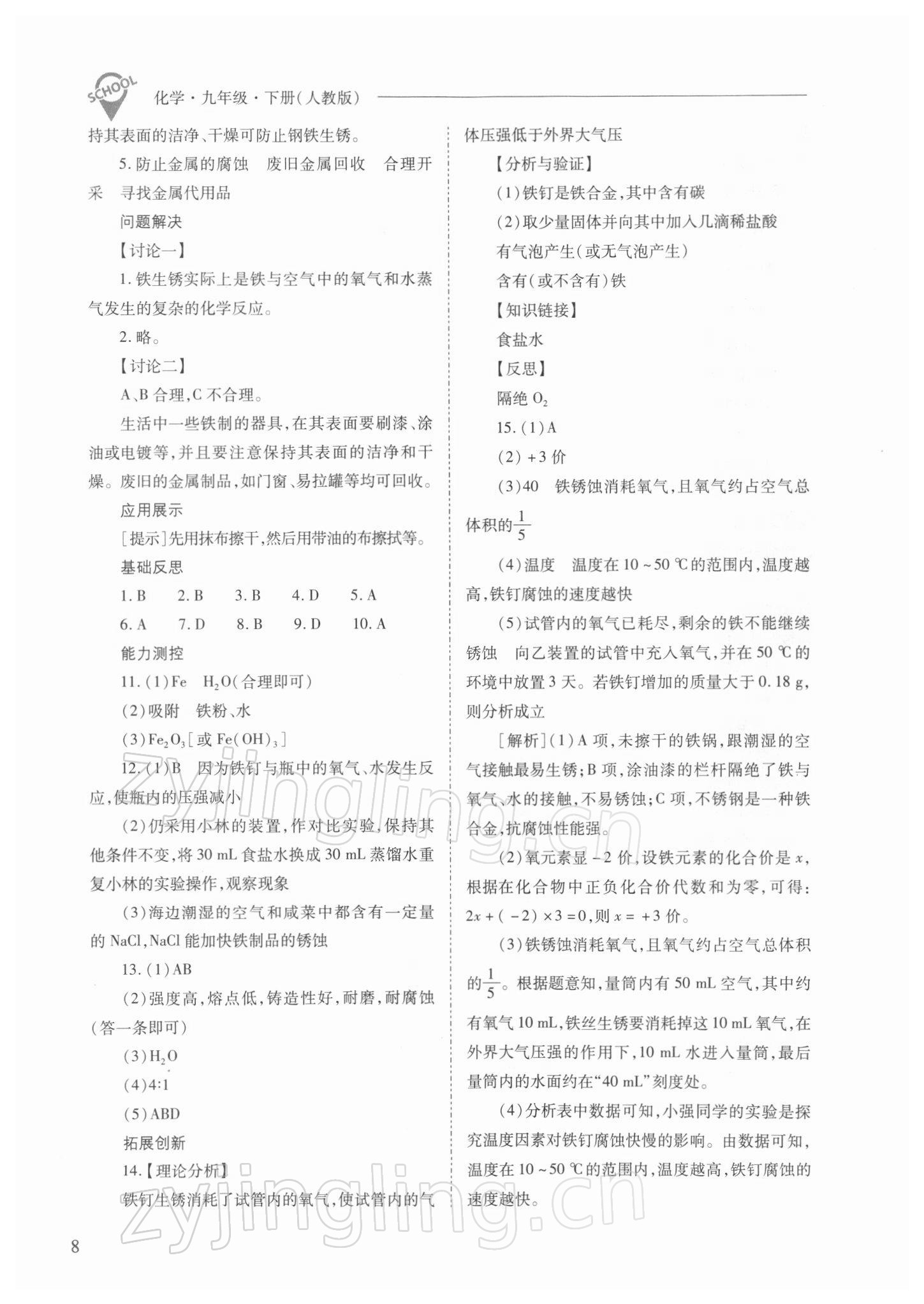 2022年新课程问题解决导学方案九年级化学下册人教版 参考答案第8页