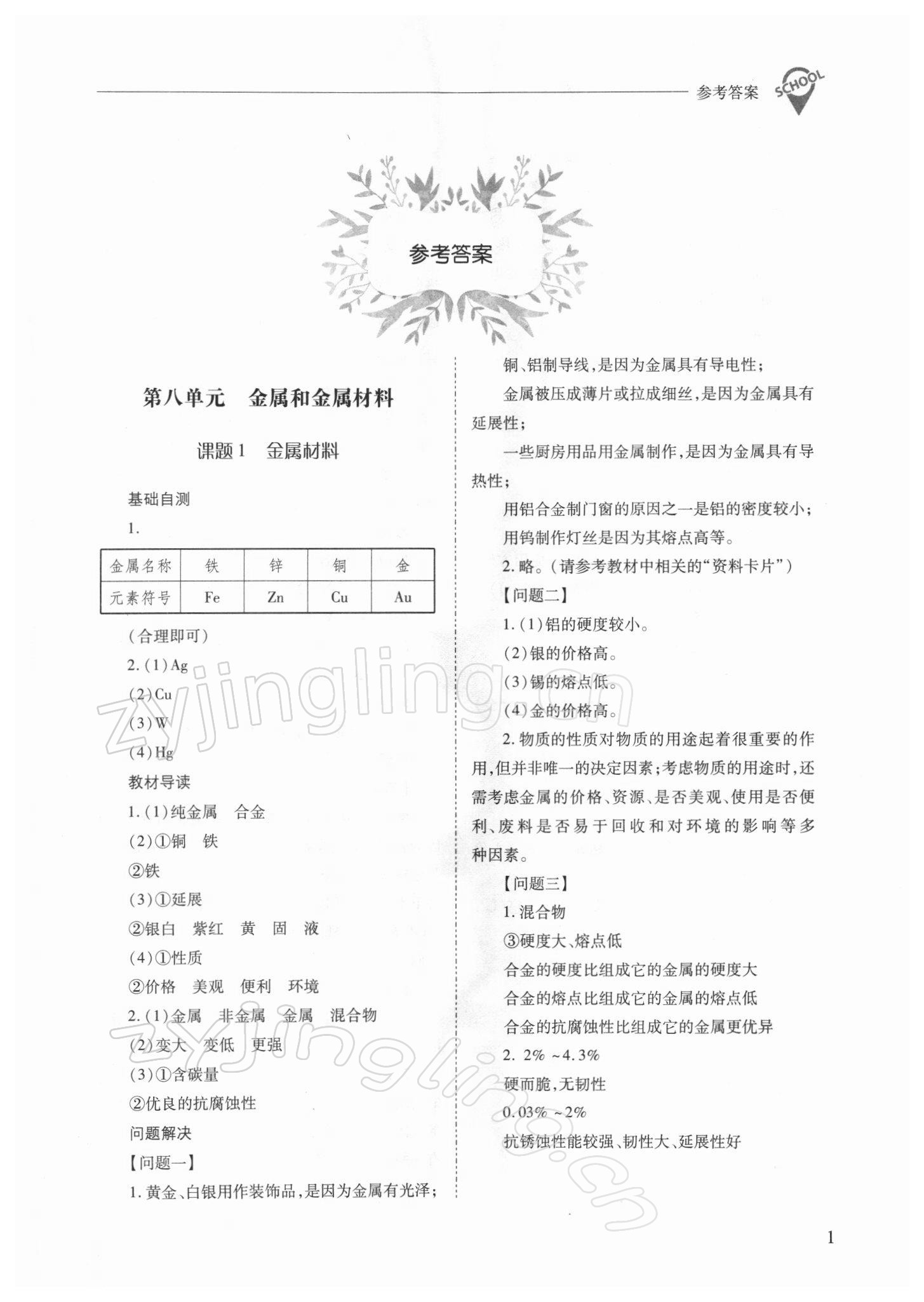 2022年新課程問題解決導(dǎo)學(xué)方案九年級化學(xué)下冊人教版 參考答案第1頁