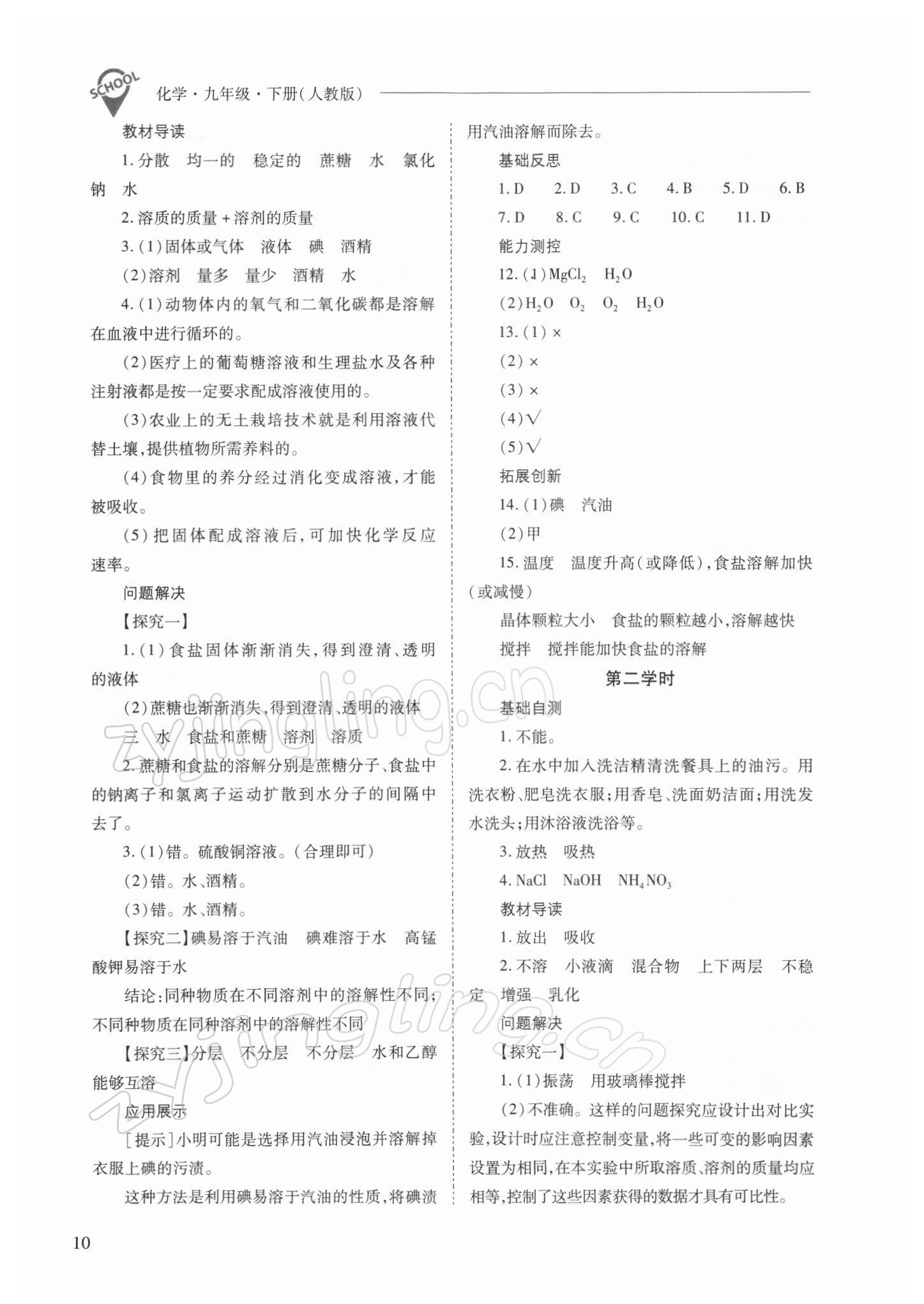 2022年新课程问题解决导学方案九年级化学下册人教版 参考答案第10页