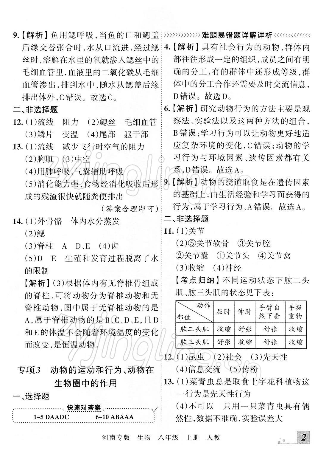 2021年王朝霞各地期末试卷精选八年级生物上册人教版河南专版 参考答案第2页