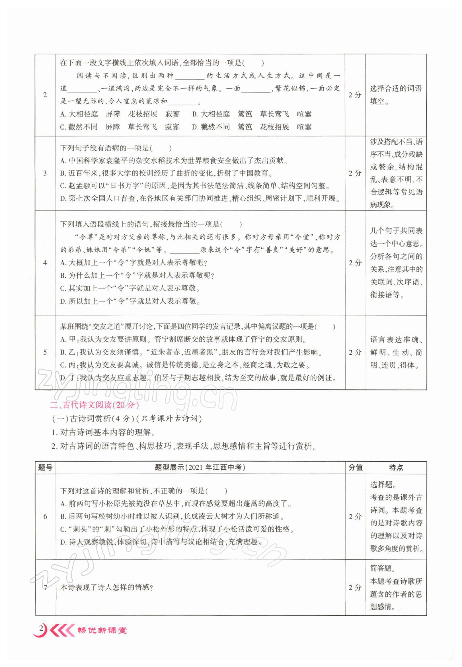 2022年暢優(yōu)新課堂九年級語文下冊人教版江西專版 參考答案第2頁