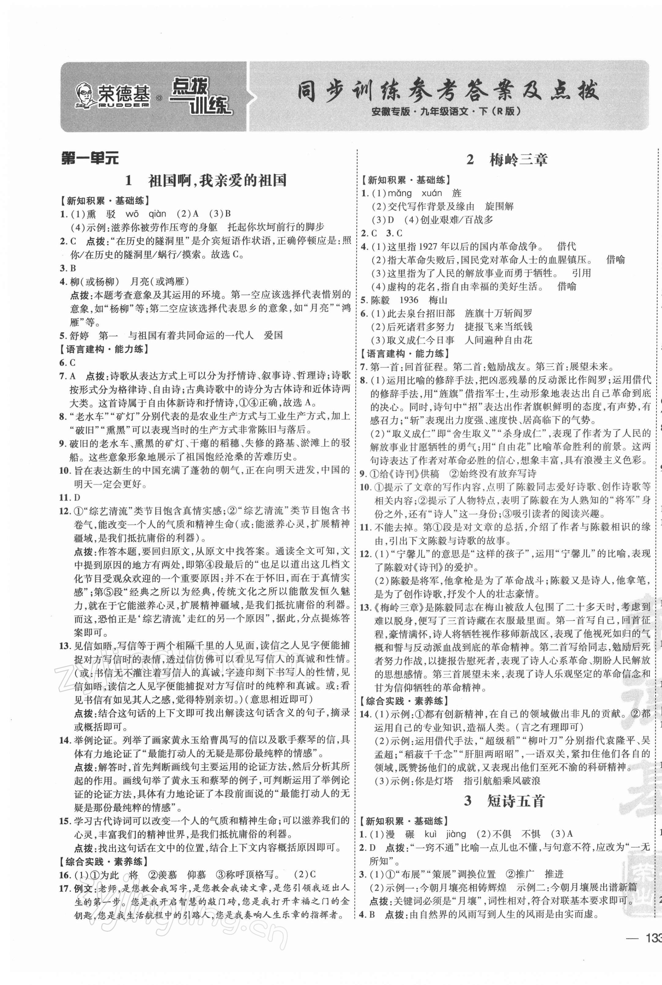 2022年點(diǎn)撥訓(xùn)練九年級(jí)語文下冊人教版安徽專版 參考答案第1頁