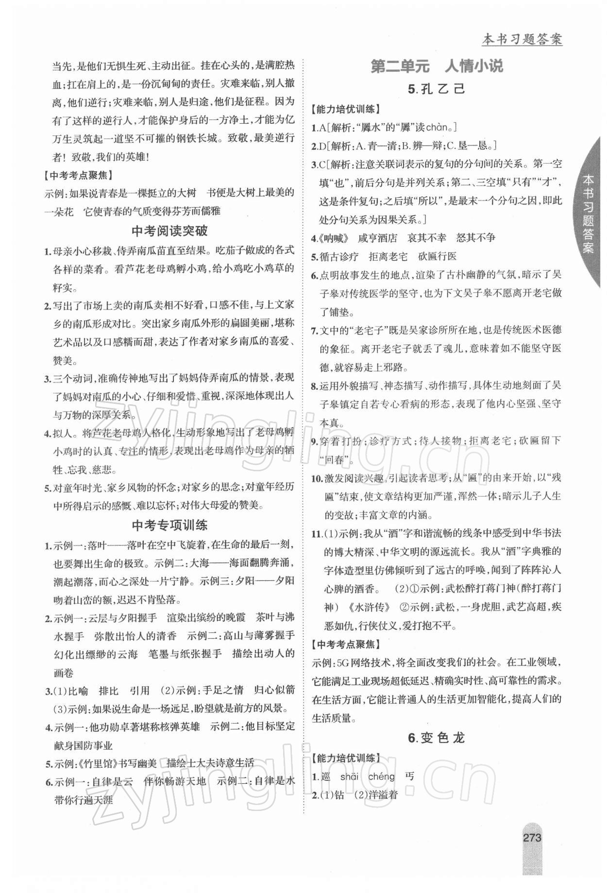 2022年尖子生学案九年级语文下册人教版 参考答案第2页