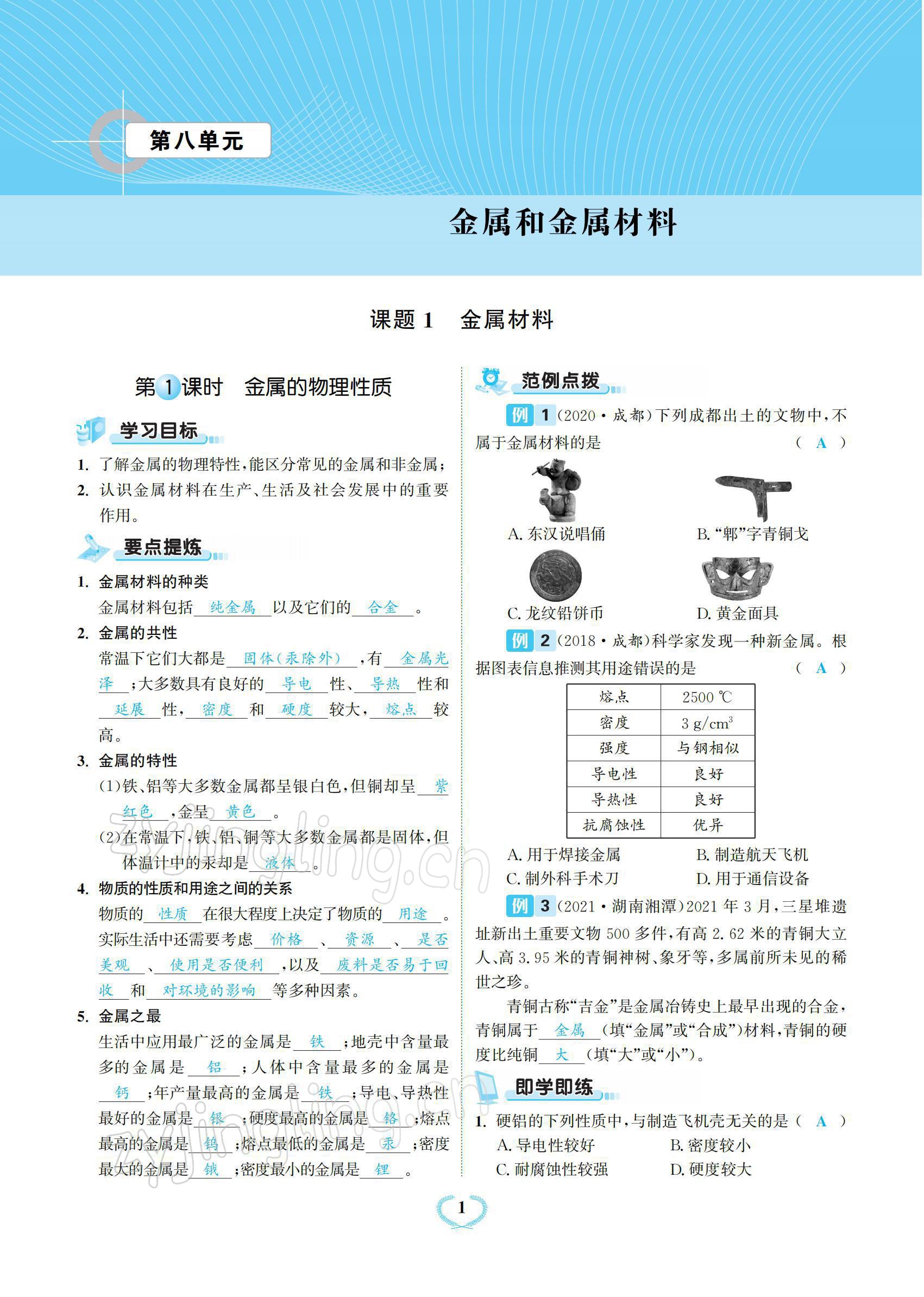 2022年驕子1號(hào)九年級(jí)化學(xué)下冊(cè)人教版 參考答案第1頁