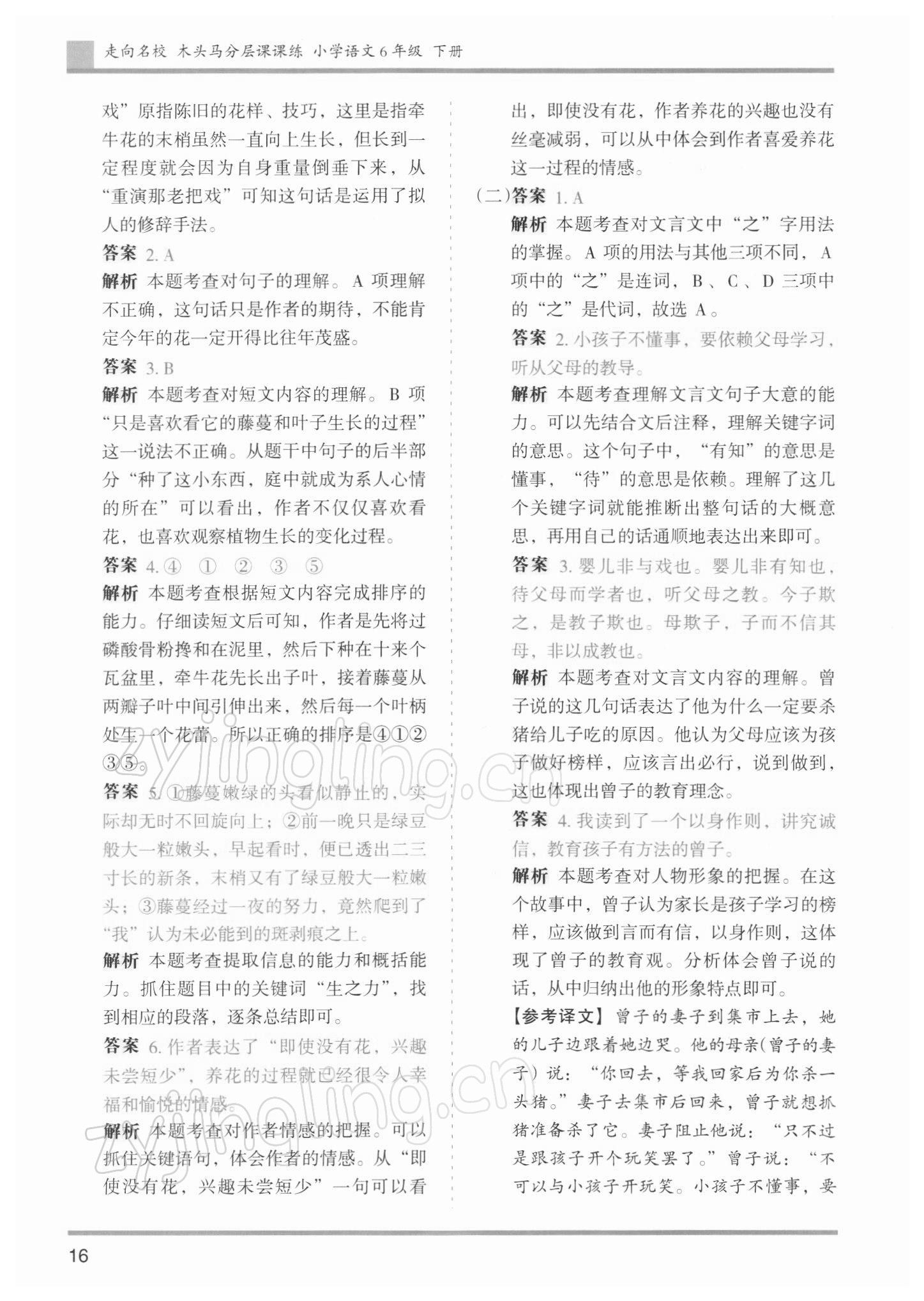 2022年木頭馬分層課課練六年級語文下冊人教版浙江專版 參考答案第16頁