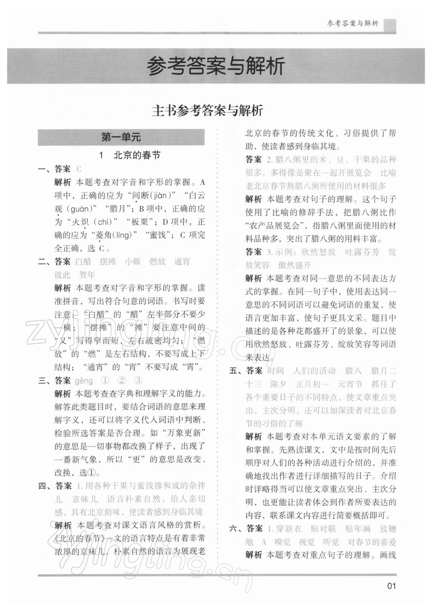 2022年木頭馬分層課課練六年級語文下冊人教版浙江專版 參考答案第1頁