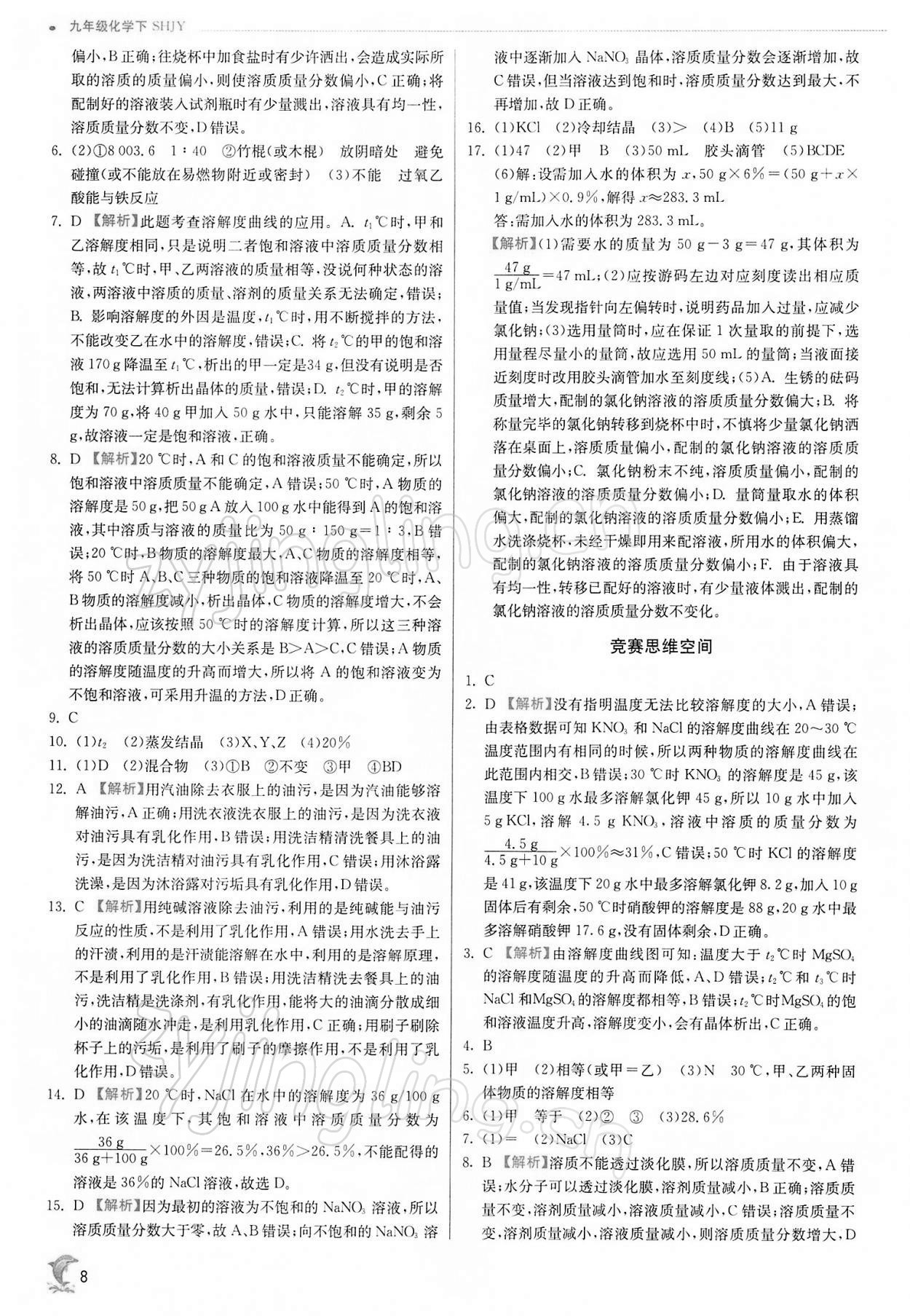 2022年实验班提优训练九年级化学下册沪教版江苏专用 参考答案第8页