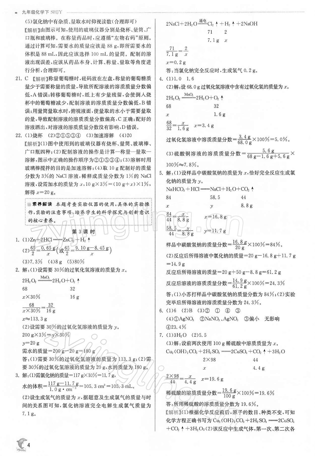 2022年实验班提优训练九年级化学下册沪教版江苏专用 参考答案第4页