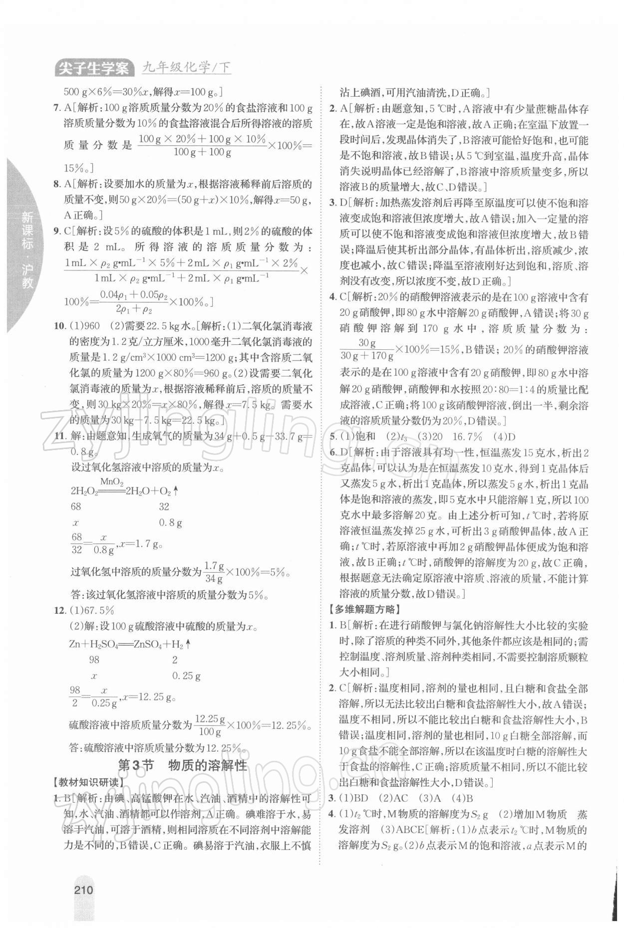 2022年尖子生学案九年级化学下册沪教版 参考答案第3页