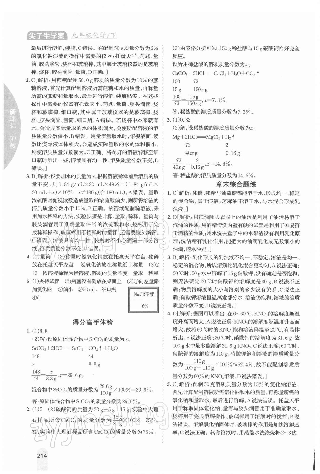 2022年尖子生学案九年级化学下册沪教版 参考答案第7页