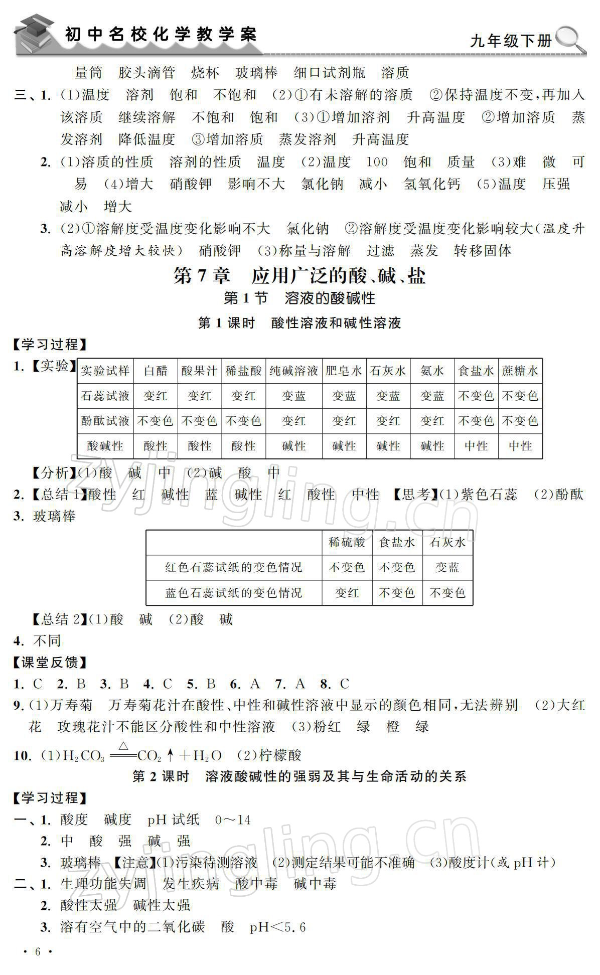 2022年初中名?；瘜W(xué)教學(xué)案九年級化學(xué)下冊上教版 參考答案第6頁