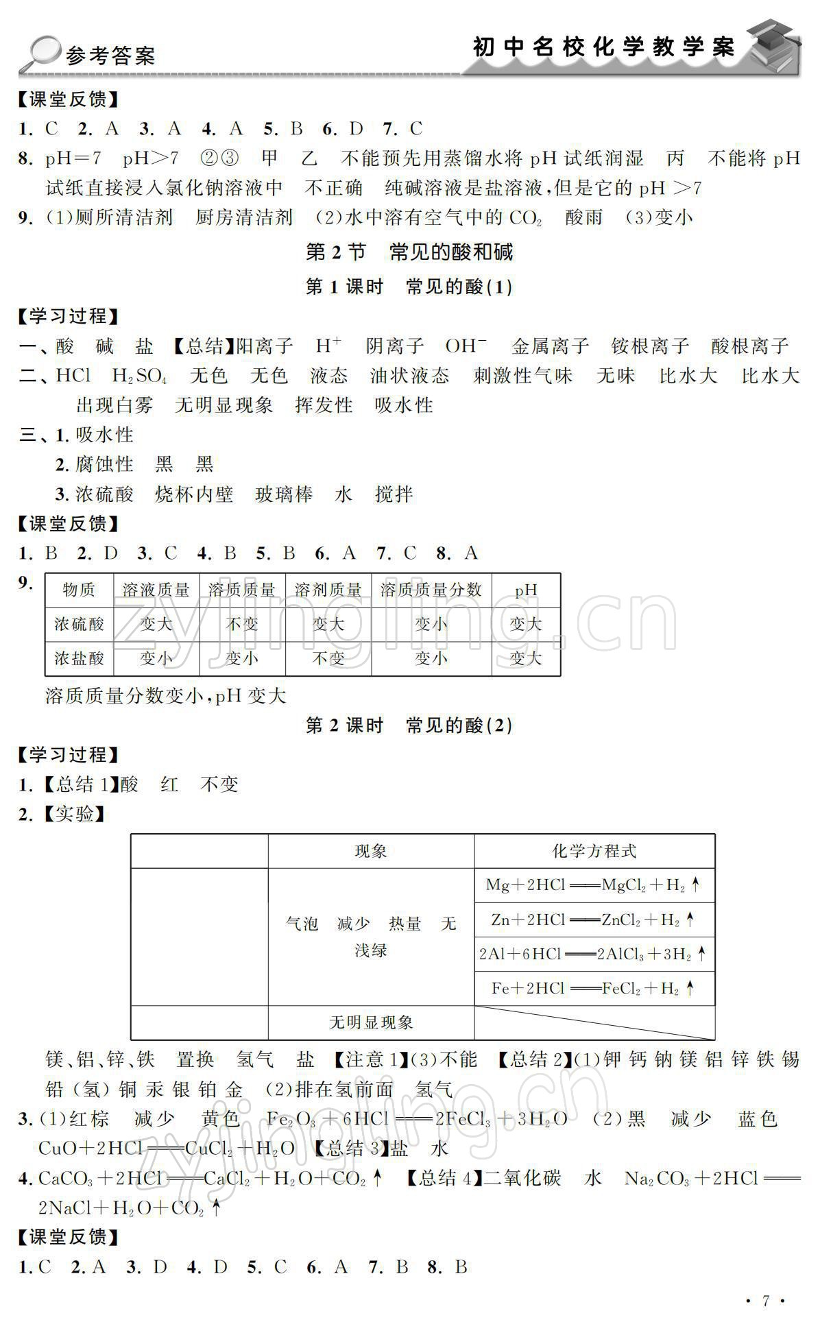 2022年初中名?；瘜W教學案九年級化學下冊上教版 參考答案第7頁