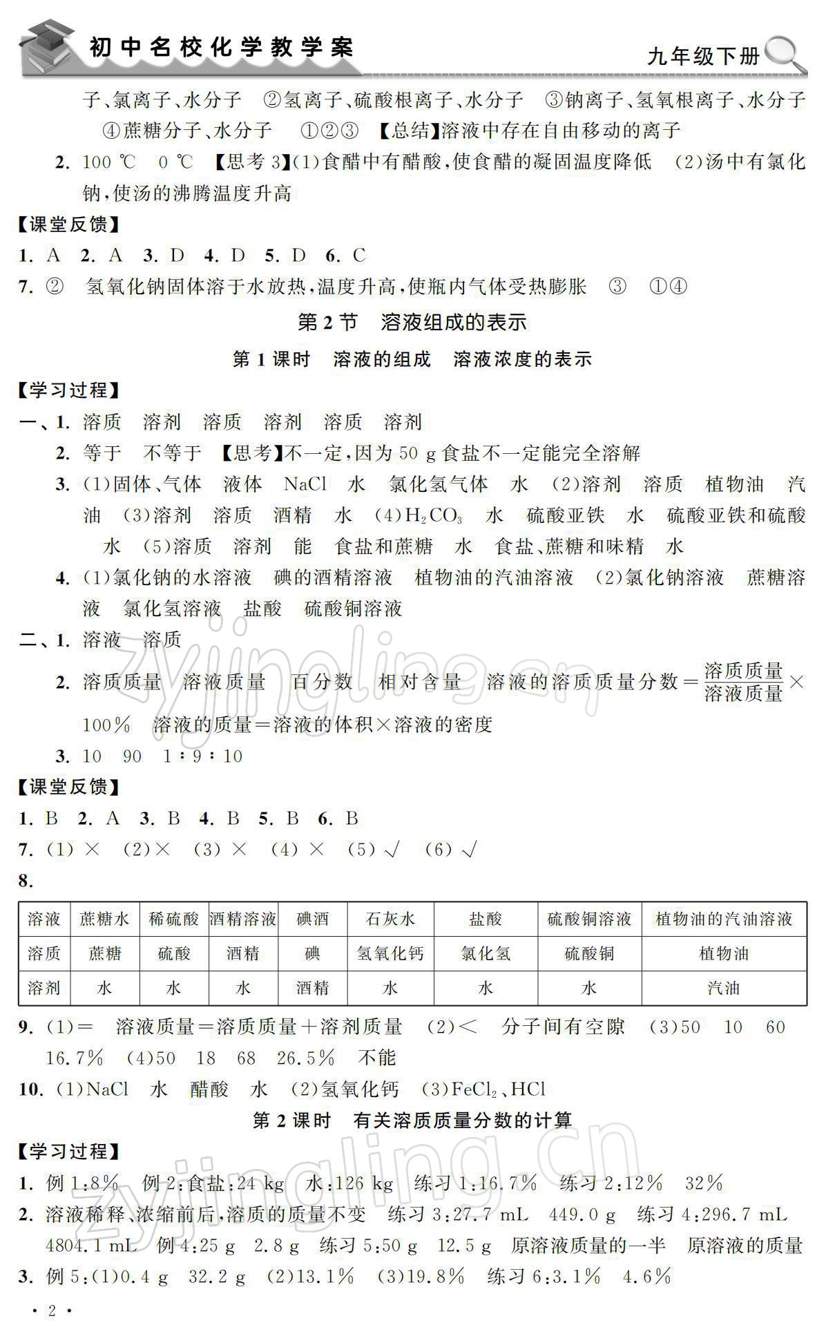 2022年初中名?；瘜W(xué)教學(xué)案九年級化學(xué)下冊上教版 參考答案第2頁