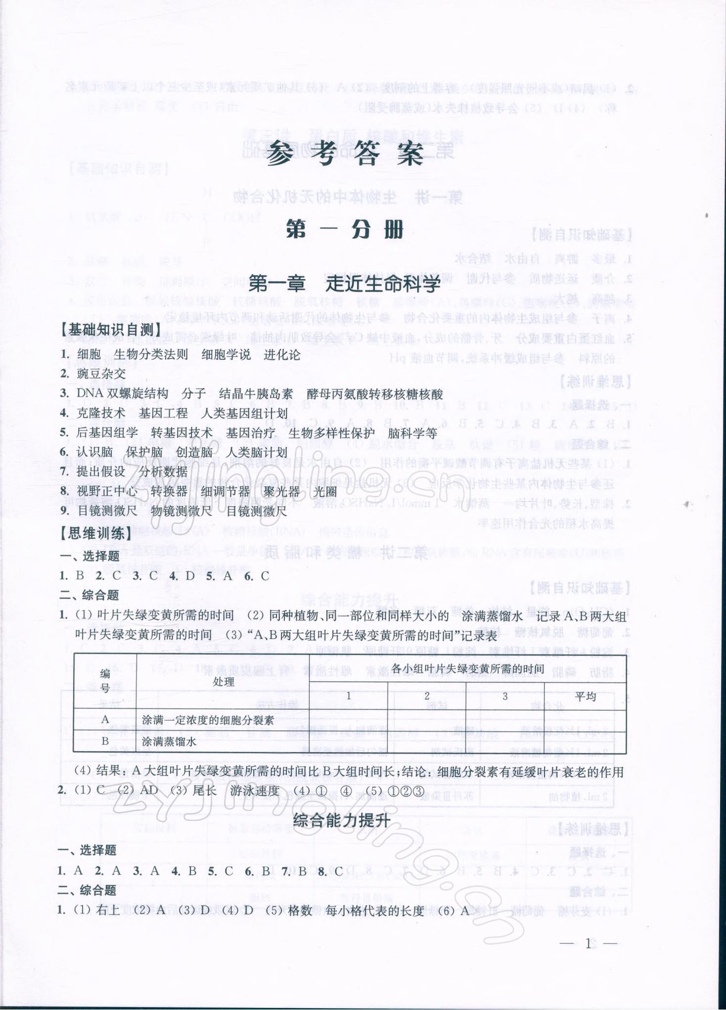 2021年高考新思维高三科学全一册沪教版 参考答案第1页