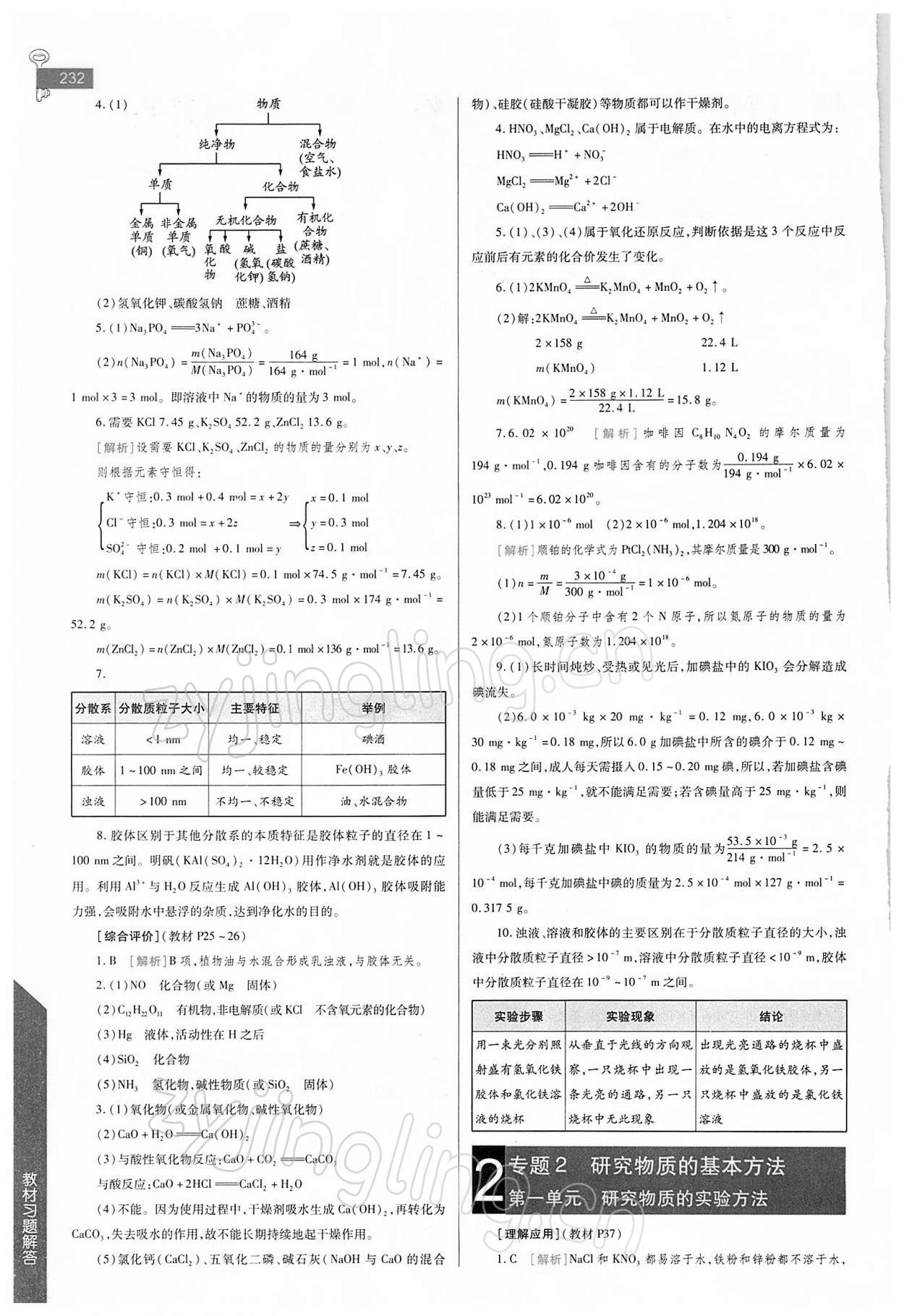 2021年教材课本高中化学必修1苏教版 参考答案第2页