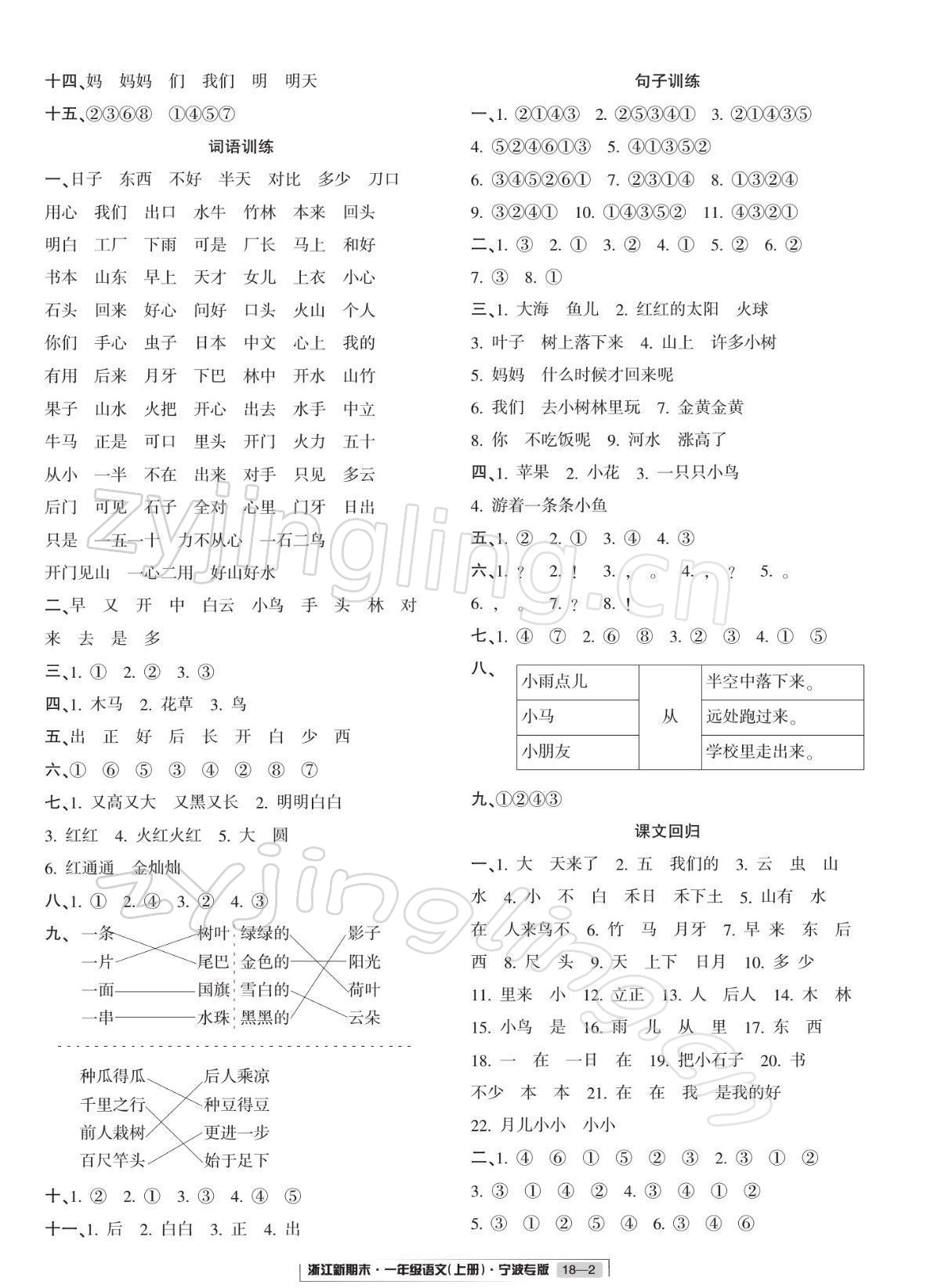 2021年浙江新期末一年級語文上冊人教版寧波專版 參考答案第2頁