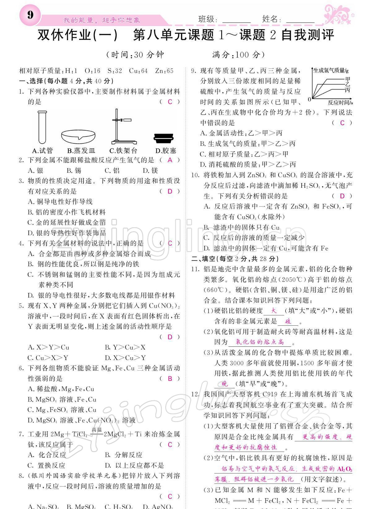 2022年課堂點(diǎn)睛九年級(jí)化學(xué)下冊(cè)人教版寧夏專版 參考答案第9頁