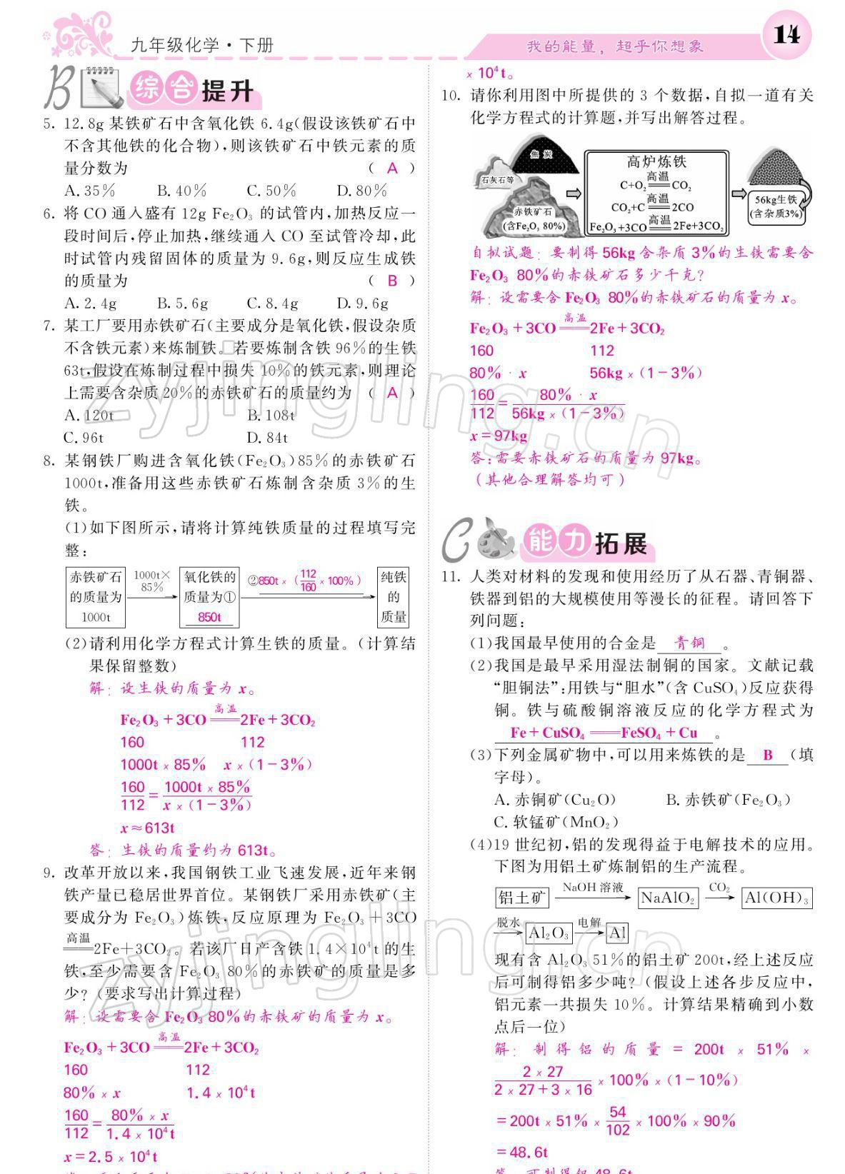 2022年課堂點(diǎn)睛九年級(jí)化學(xué)下冊(cè)人教版寧夏專版 參考答案第14頁(yè)