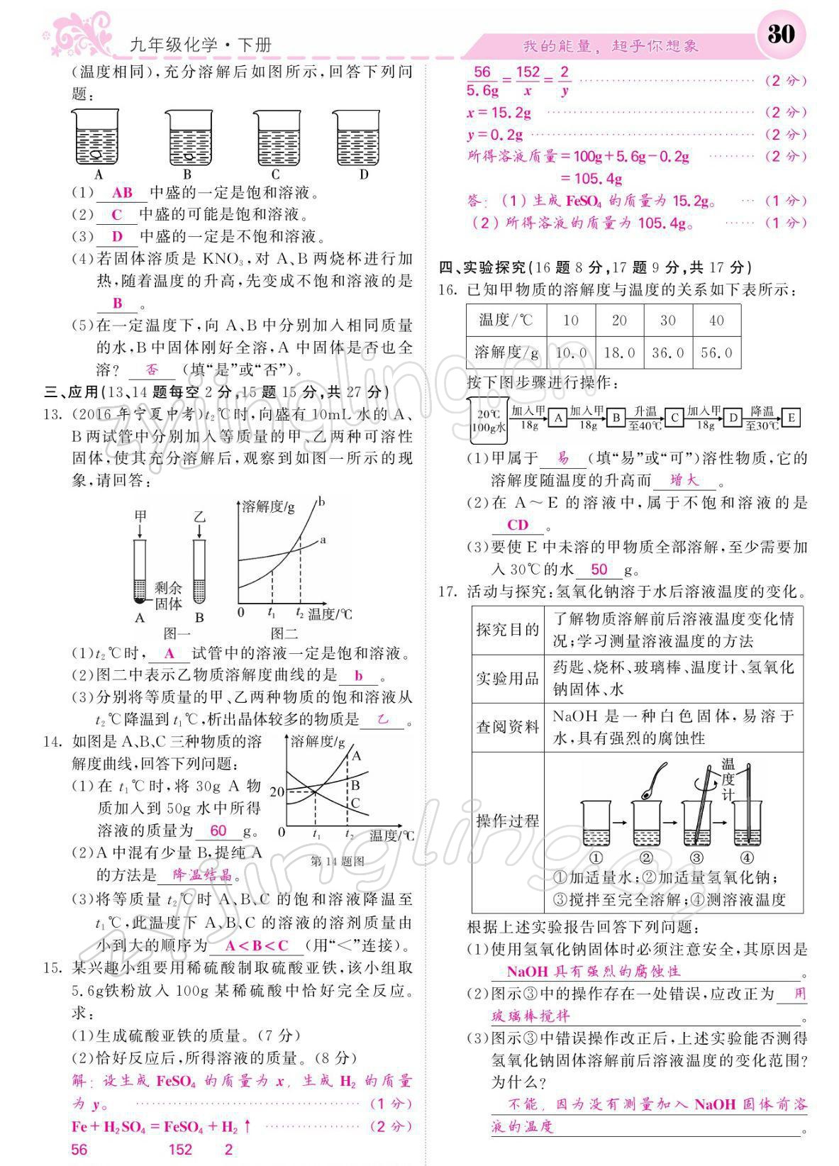 2022年課堂點(diǎn)睛九年級化學(xué)下冊人教版寧夏專版 參考答案第30頁