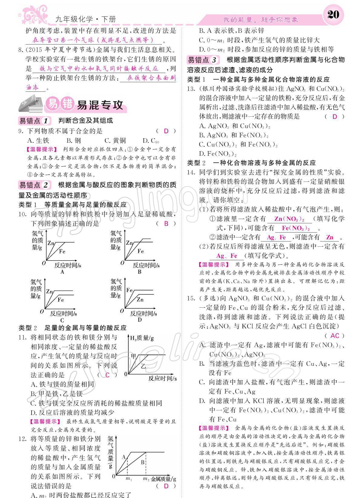 2022年課堂點(diǎn)睛九年級化學(xué)下冊人教版寧夏專版 參考答案第20頁