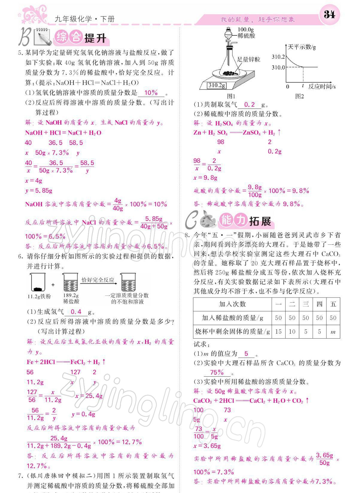 2022年課堂點(diǎn)睛九年級(jí)化學(xué)下冊(cè)人教版寧夏專版 參考答案第34頁