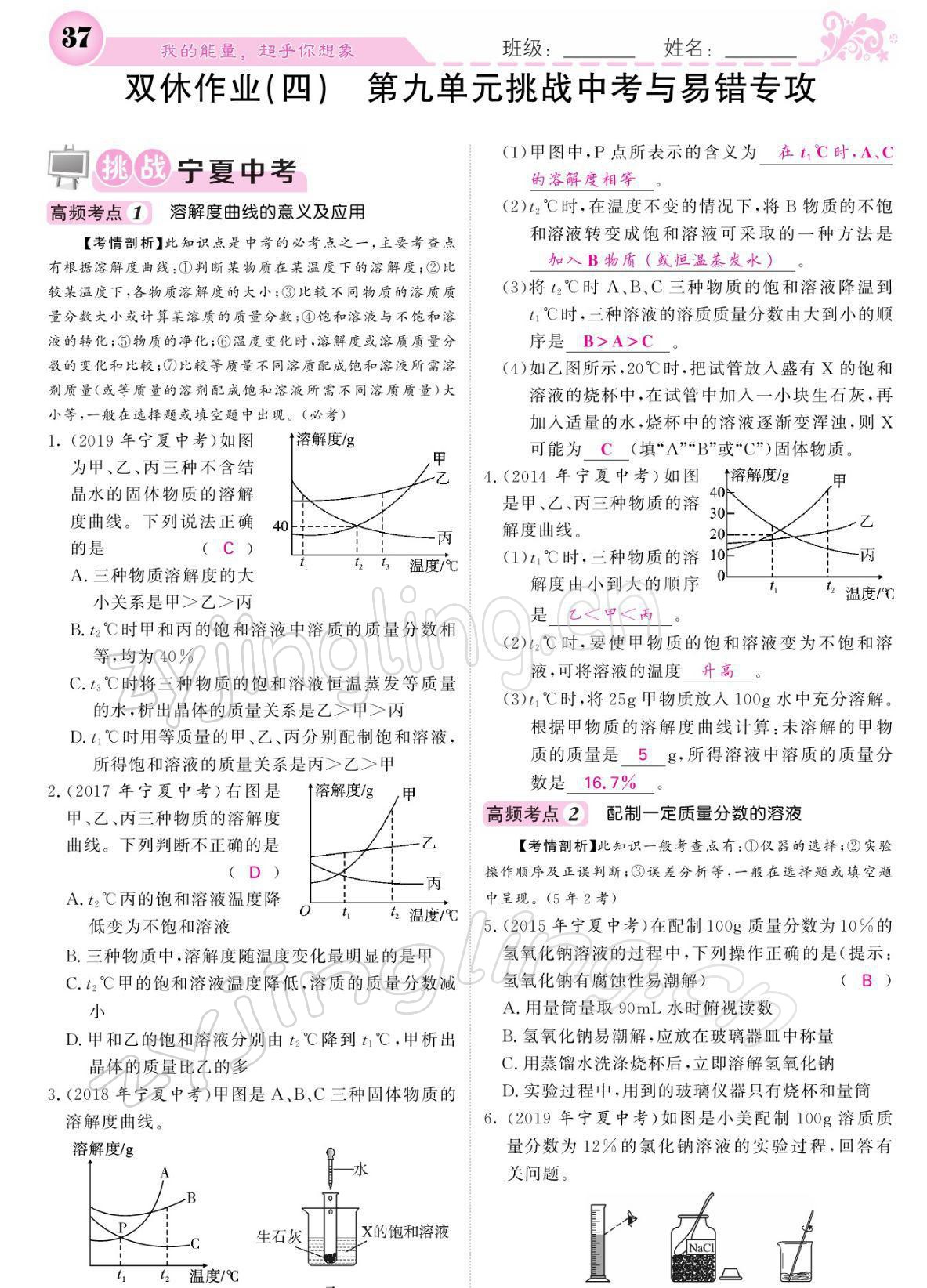 2022年課堂點(diǎn)睛九年級化學(xué)下冊人教版寧夏專版 參考答案第37頁