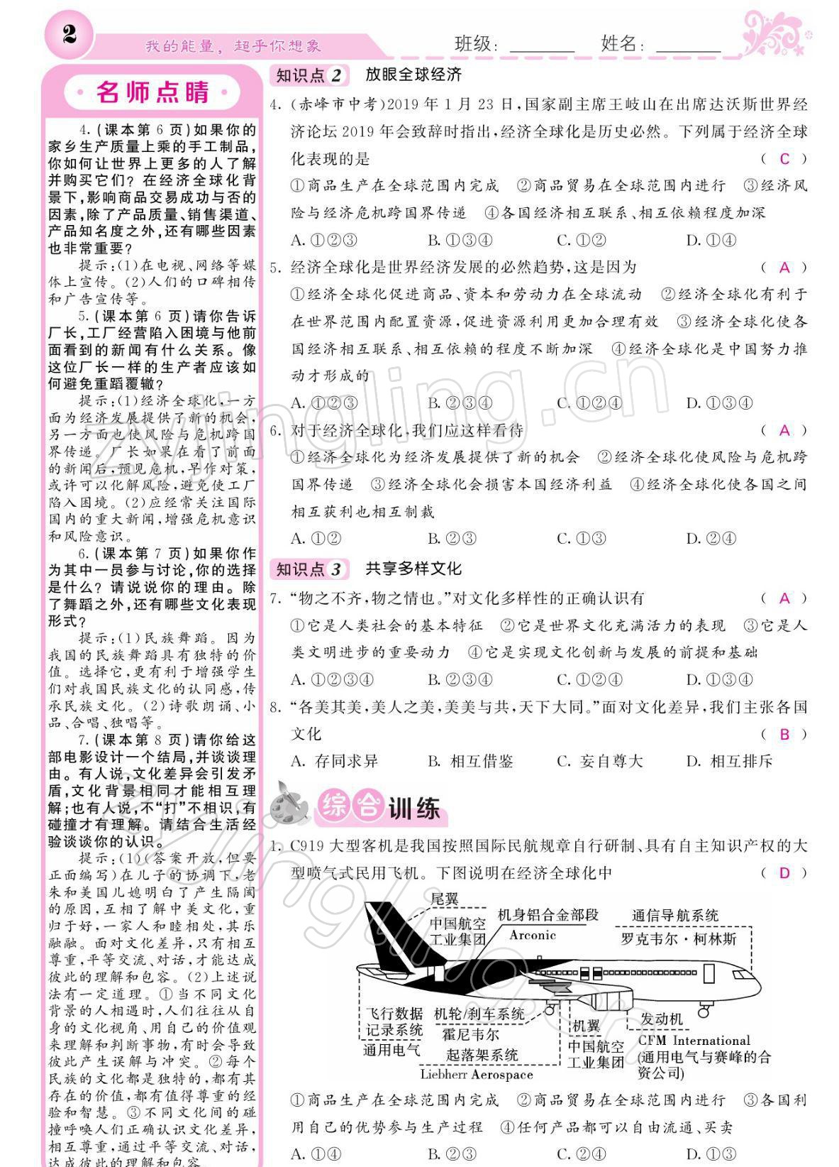 2022年課堂點(diǎn)睛九年級道德與法治下冊人教版 參考答案第2頁