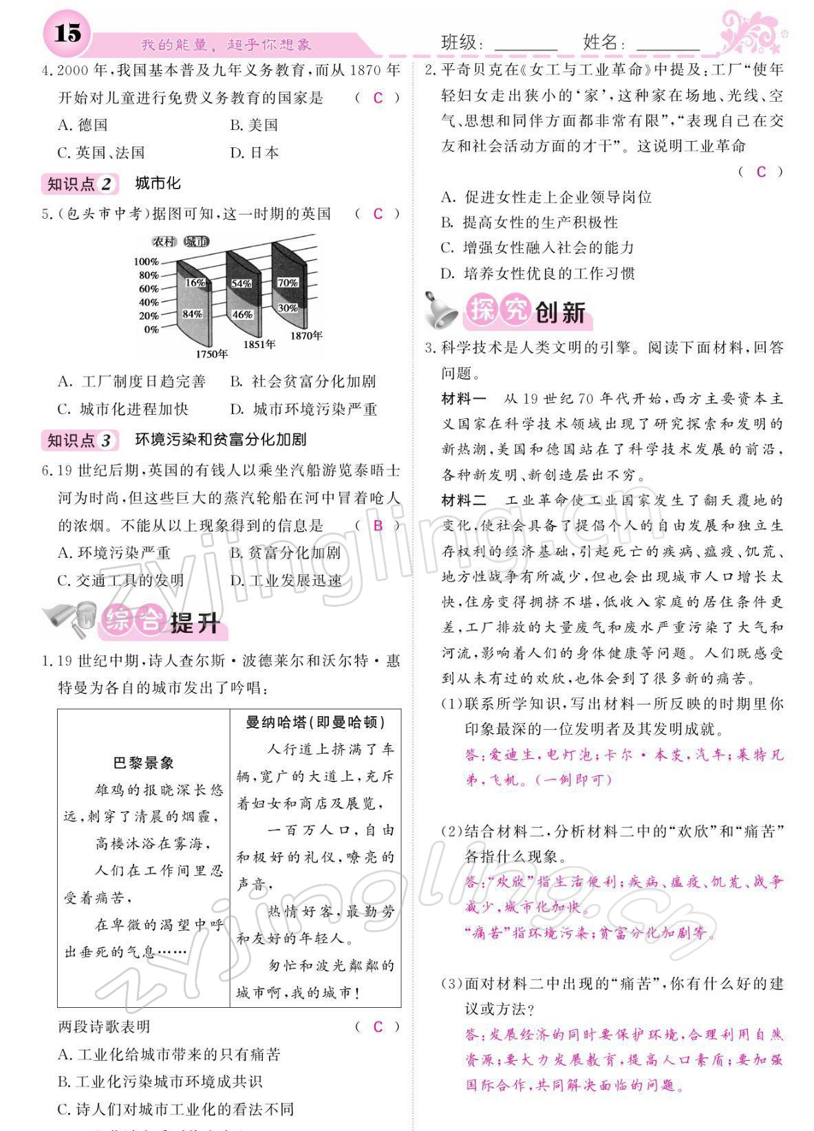 2022年课堂点睛九年级历史下册人教版 参考答案第15页