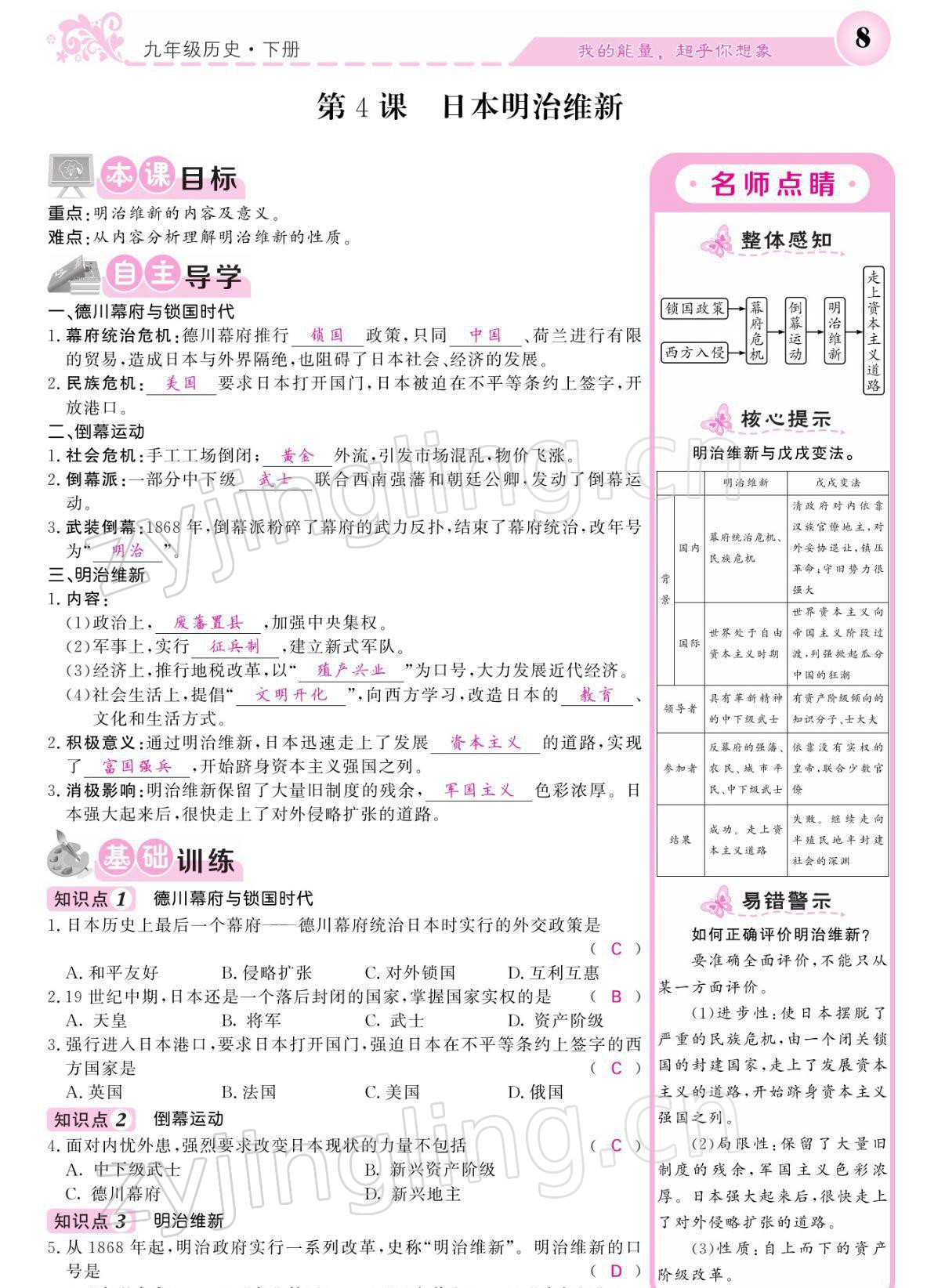 2022年課堂點睛九年級歷史下冊人教版 參考答案第8頁