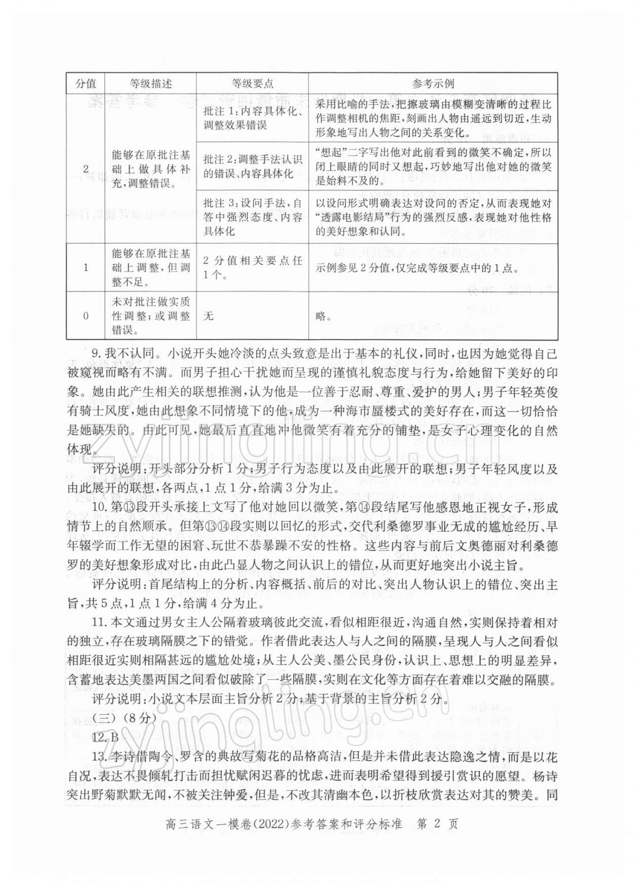 2021年文化課強化訓練高中語文一模卷 參考答案第2頁