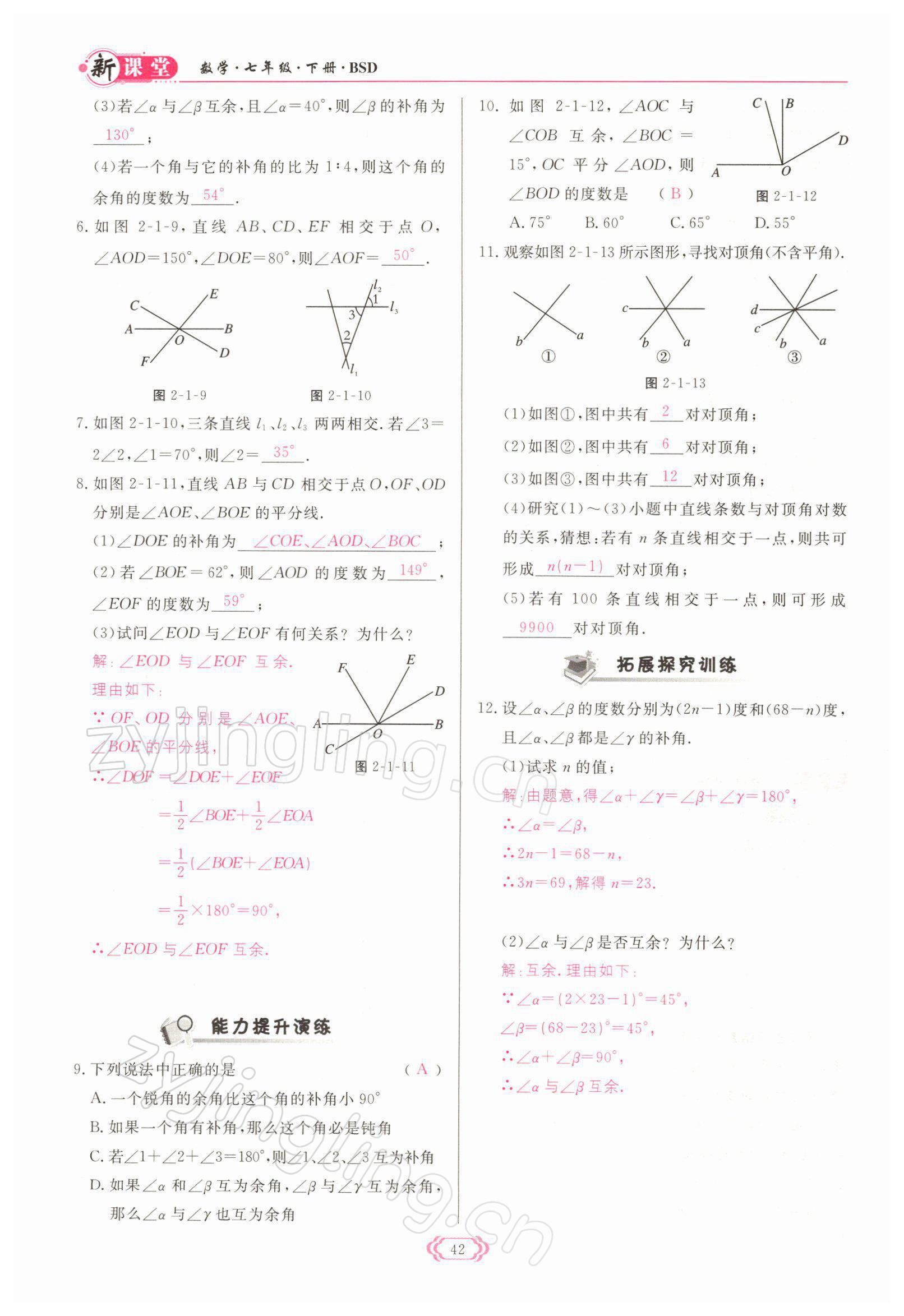 2022年啟航新課堂七年級數(shù)學(xué)下冊北師大版 參考答案第42頁