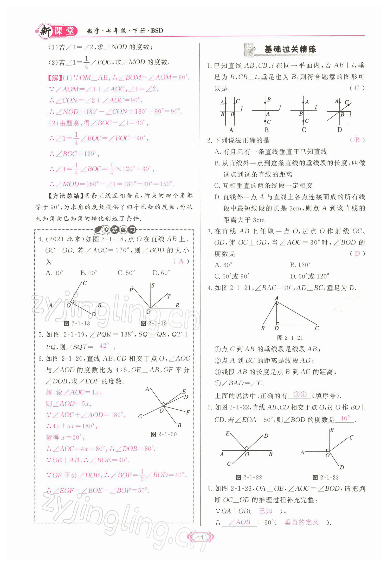 2022年啟航新課堂七年級數(shù)學下冊北師大版 參考答案第44頁