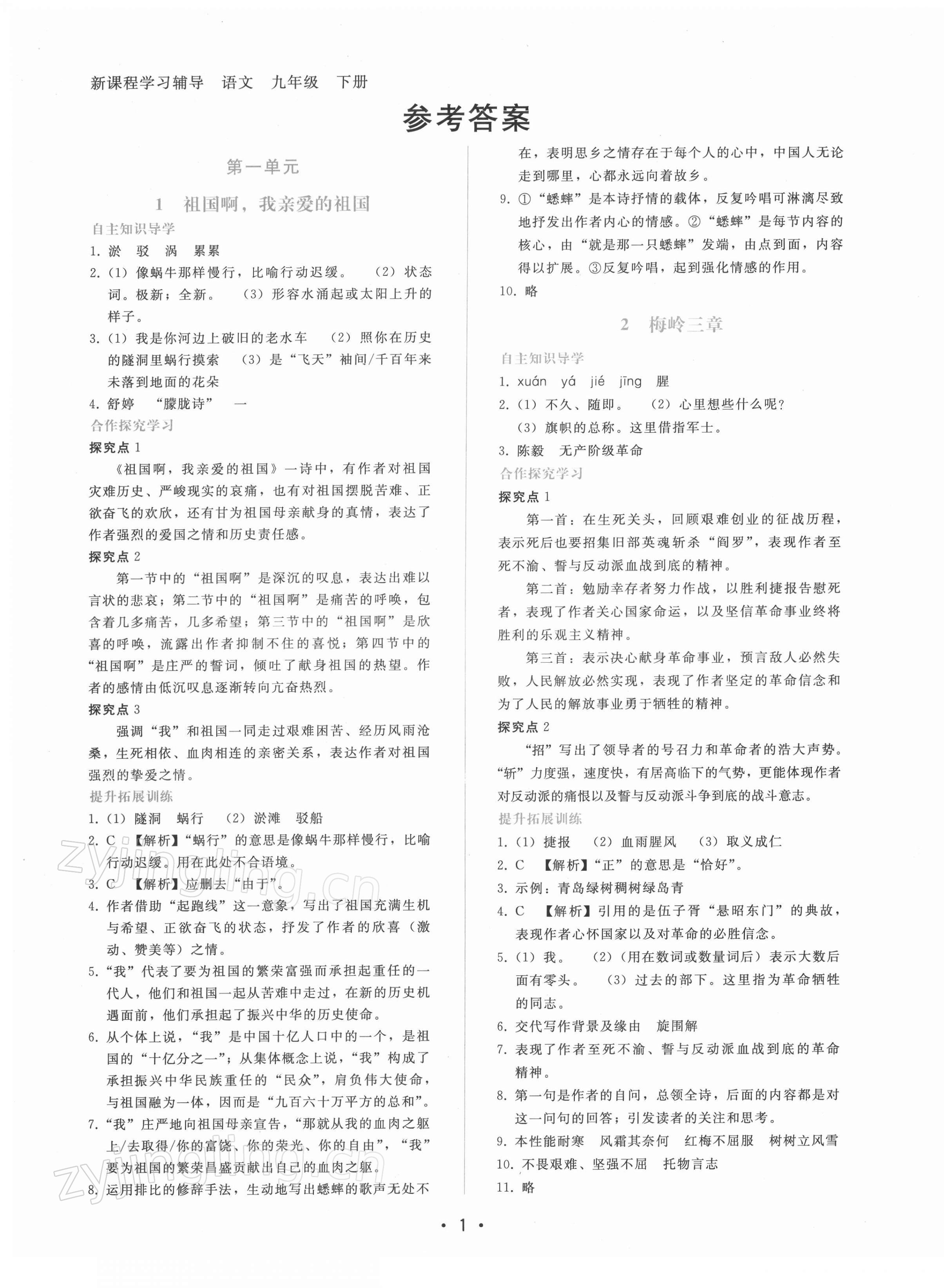 2022年新課程學(xué)習(xí)輔導(dǎo)九年級(jí)語文下冊(cè)人教版 參考答案第1頁