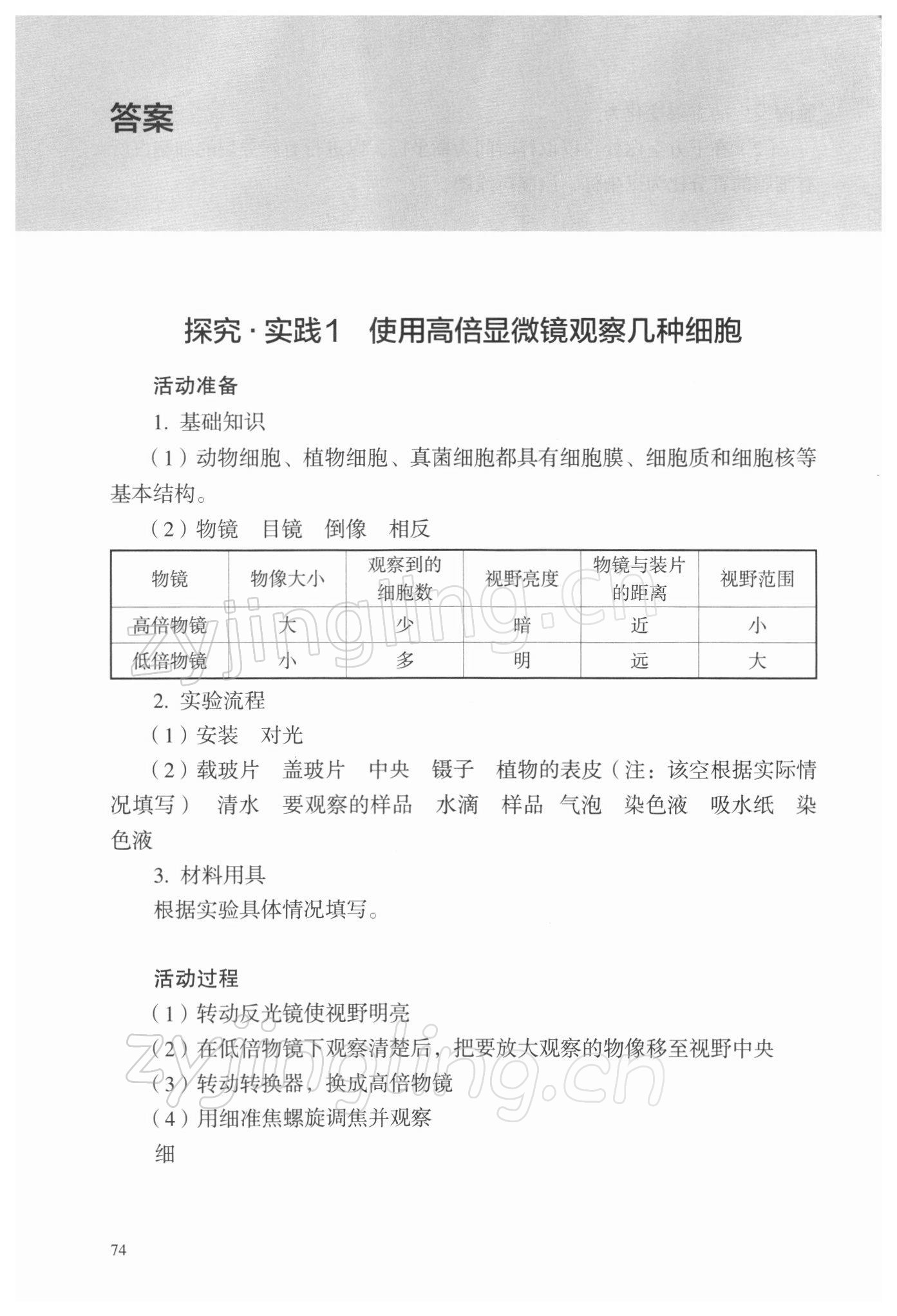 2021年探究活動(dòng)報(bào)告冊(cè)高中生物必修1人教版 參考答案第1頁