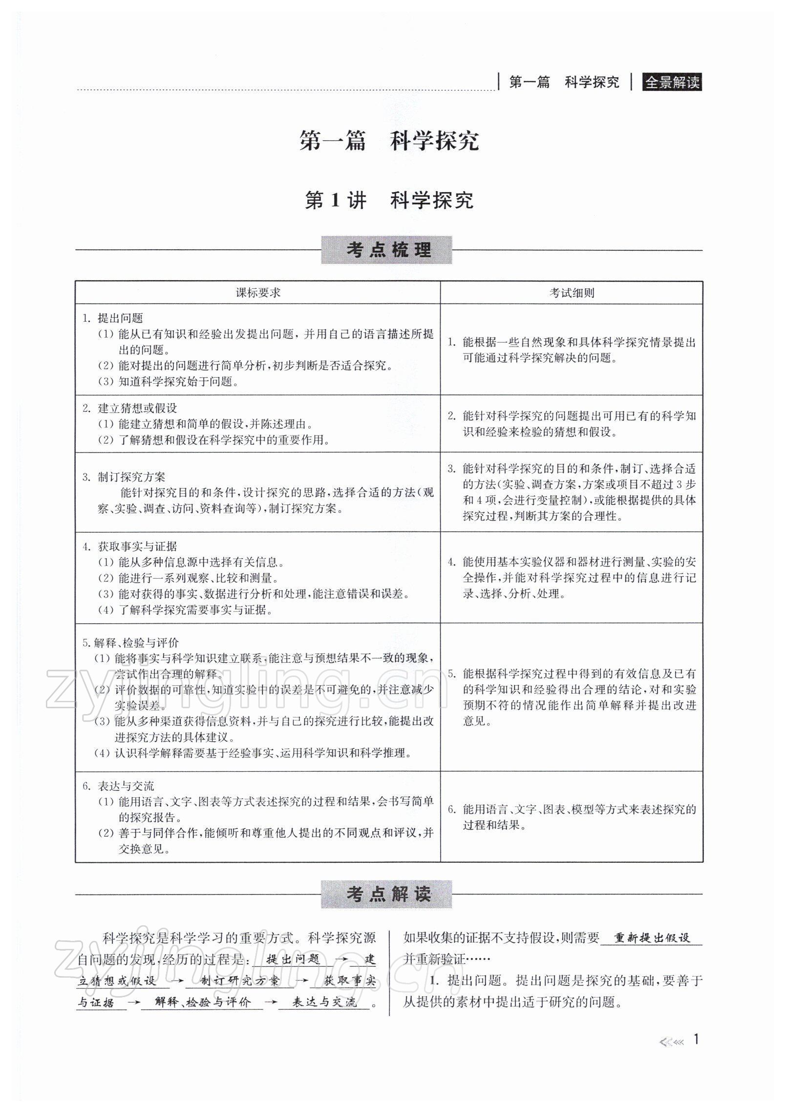 2022年中考复习全景解读九年级科学浙教版 参考答案第1页