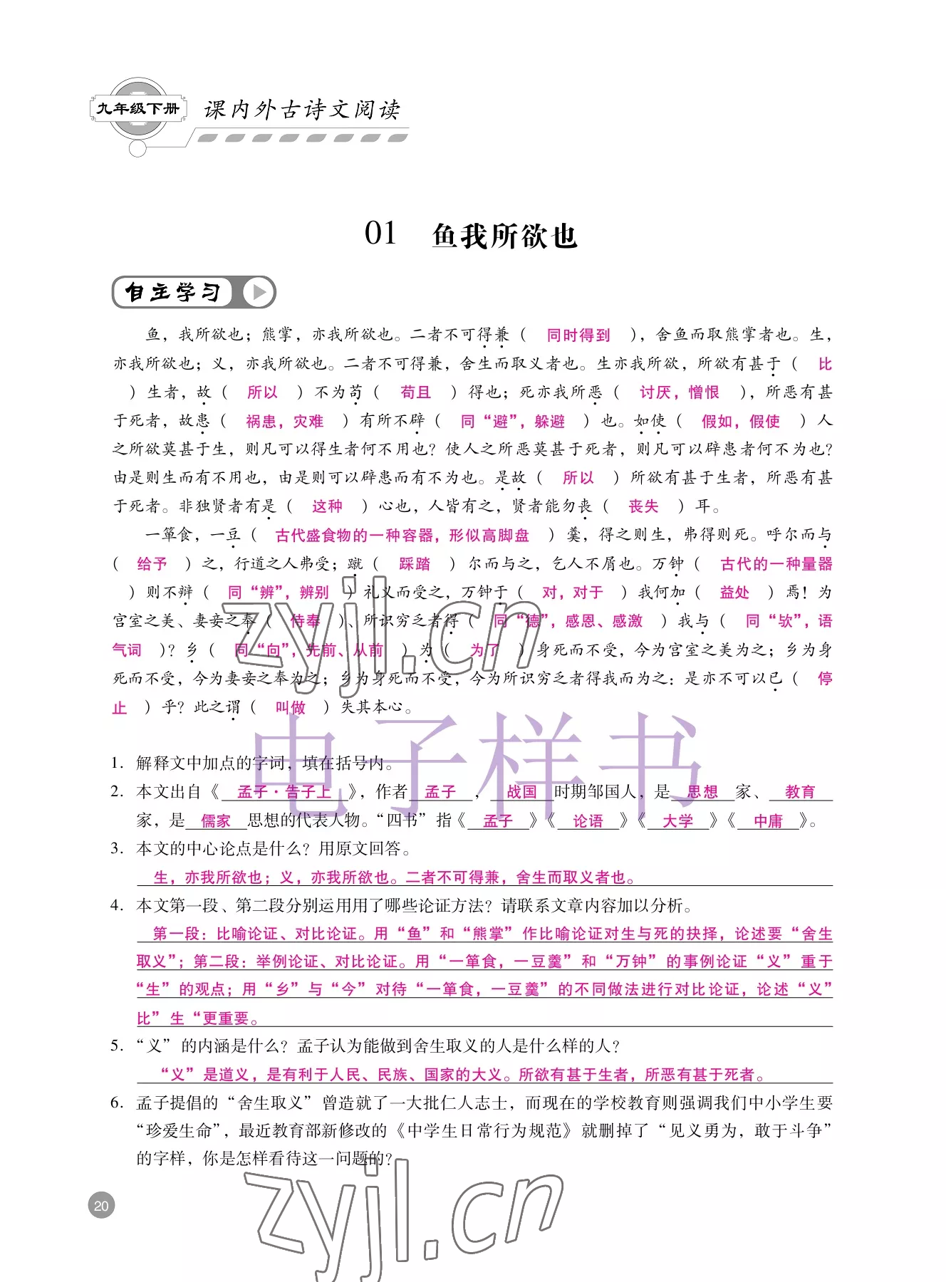 2022年專題攻略課內(nèi)外古詩文閱讀高效訓(xùn)練九年級語文中考版 參考答案第6頁