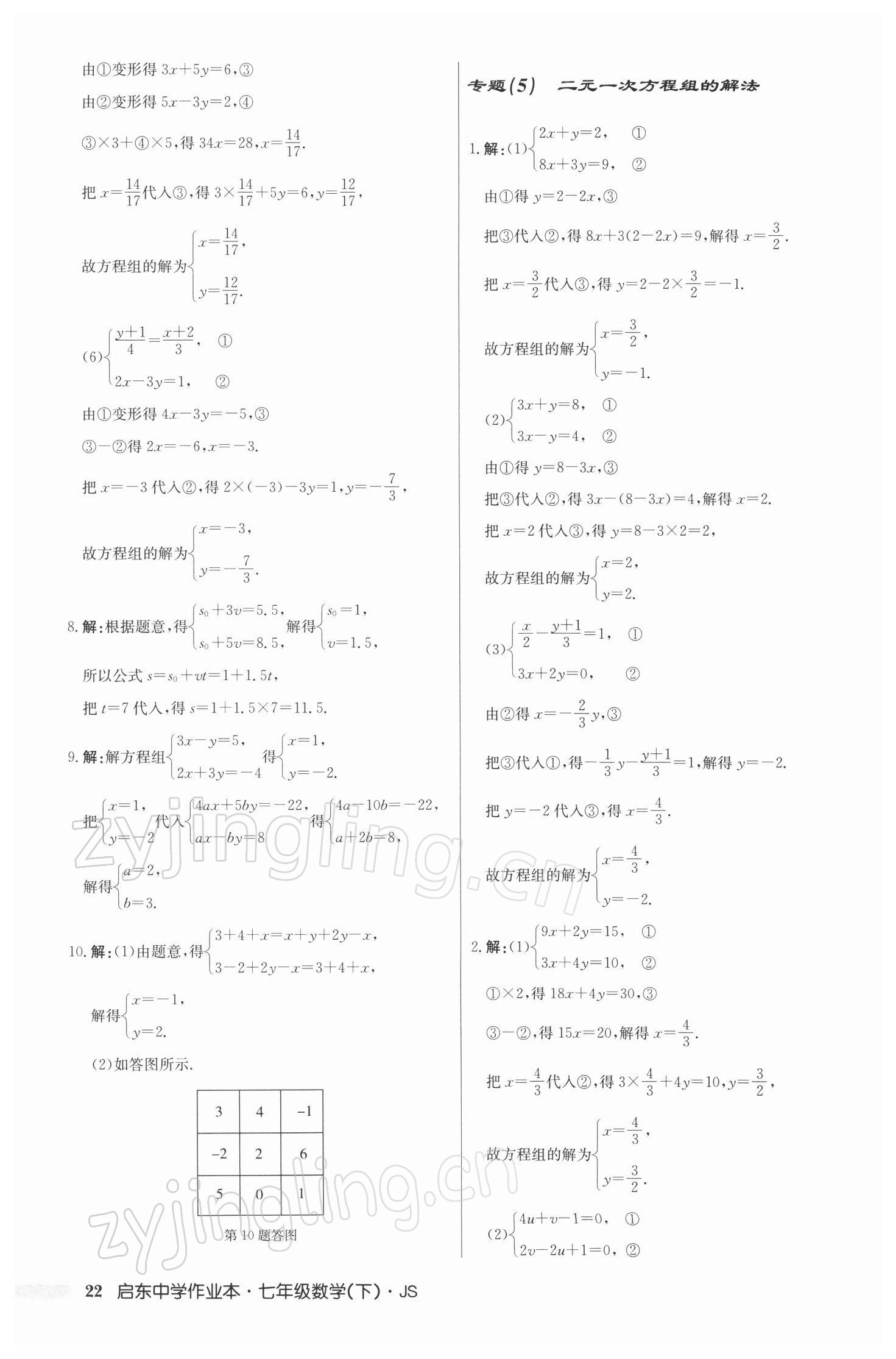 2022年啟東中學(xué)作業(yè)本七年級數(shù)學(xué)下冊江蘇版 參考答案第22頁