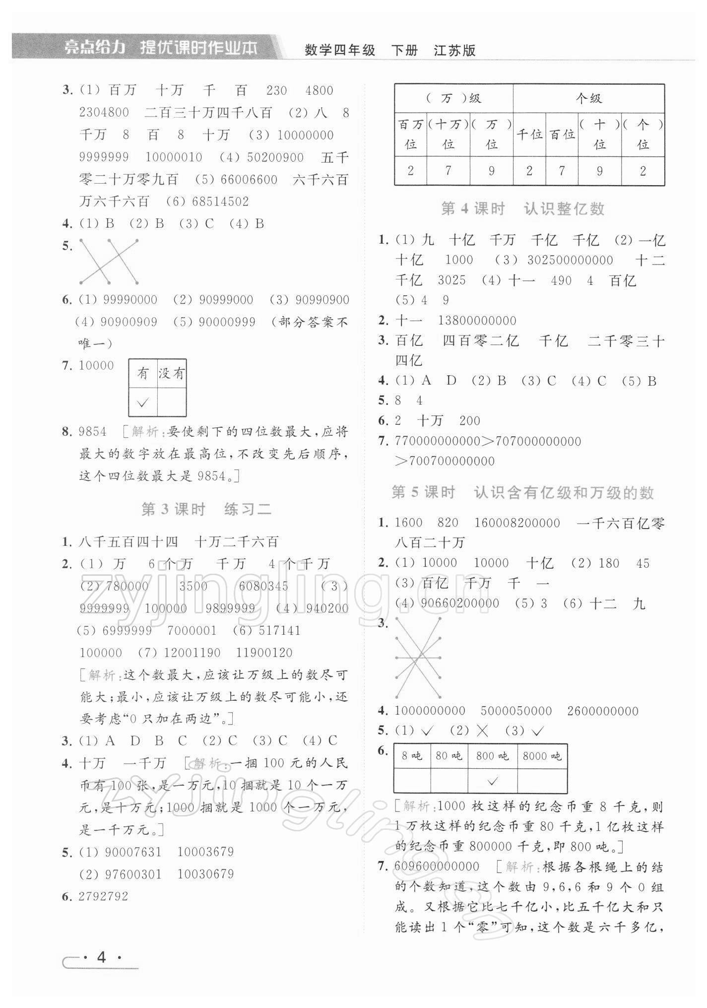 2022年亮点给力提优课时作业本四年级数学下册江苏版 参考答案第4页