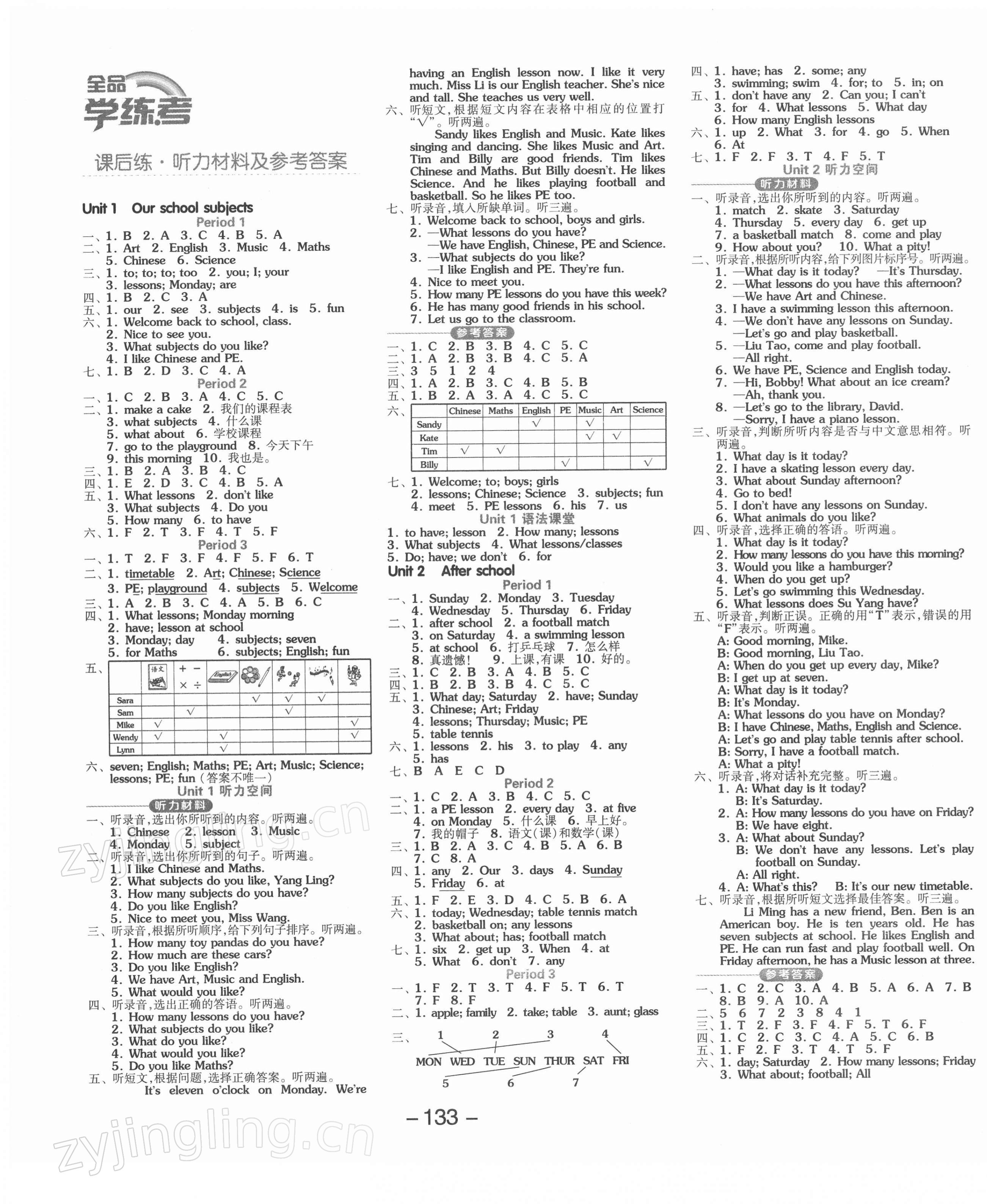 2022年全品学练考四年级英语下册译林版 参考答案第1页