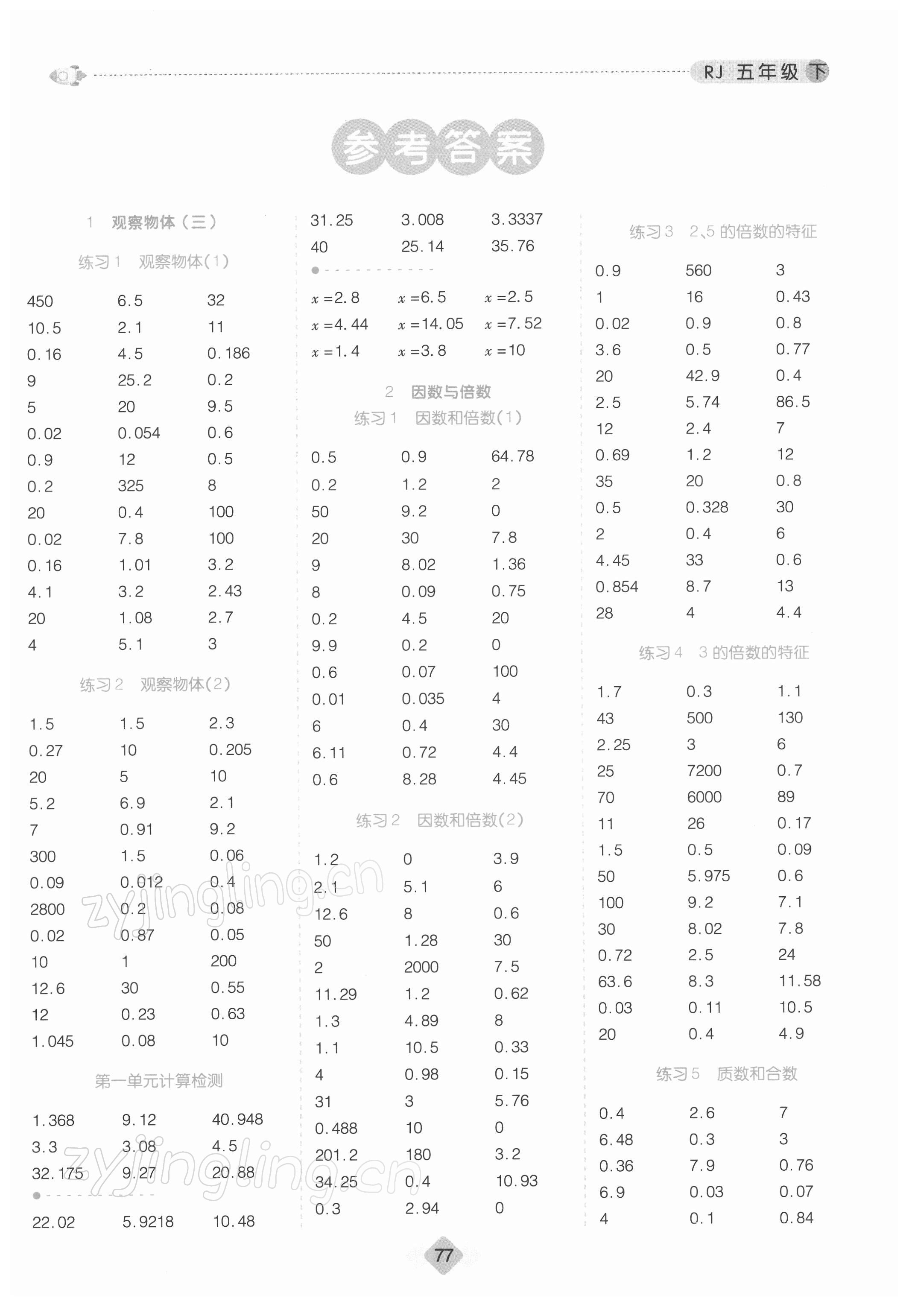 2022年口算題卡五年級數(shù)學下冊人教版 第1頁