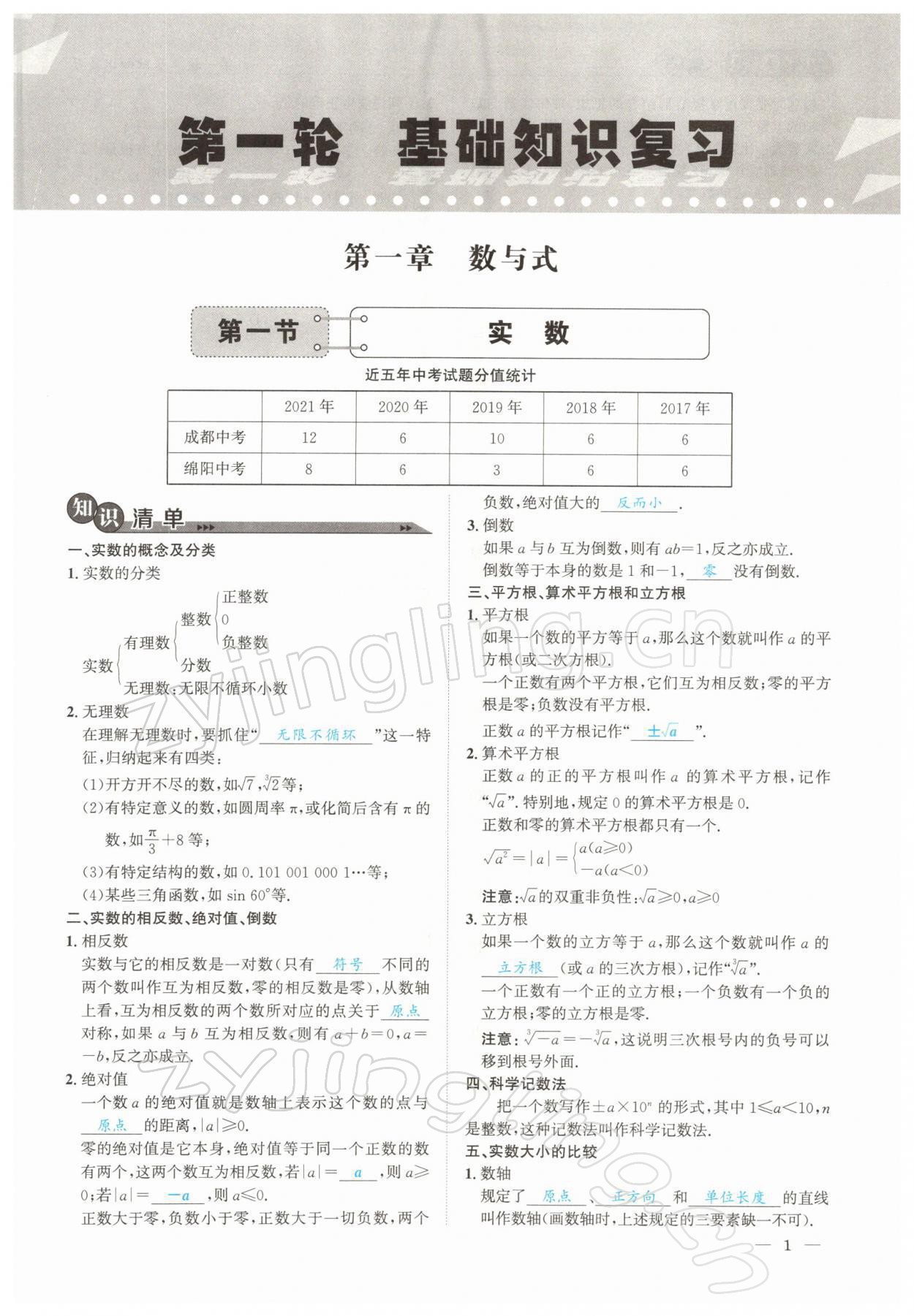 2022年中考1號數學 參考答案第1頁