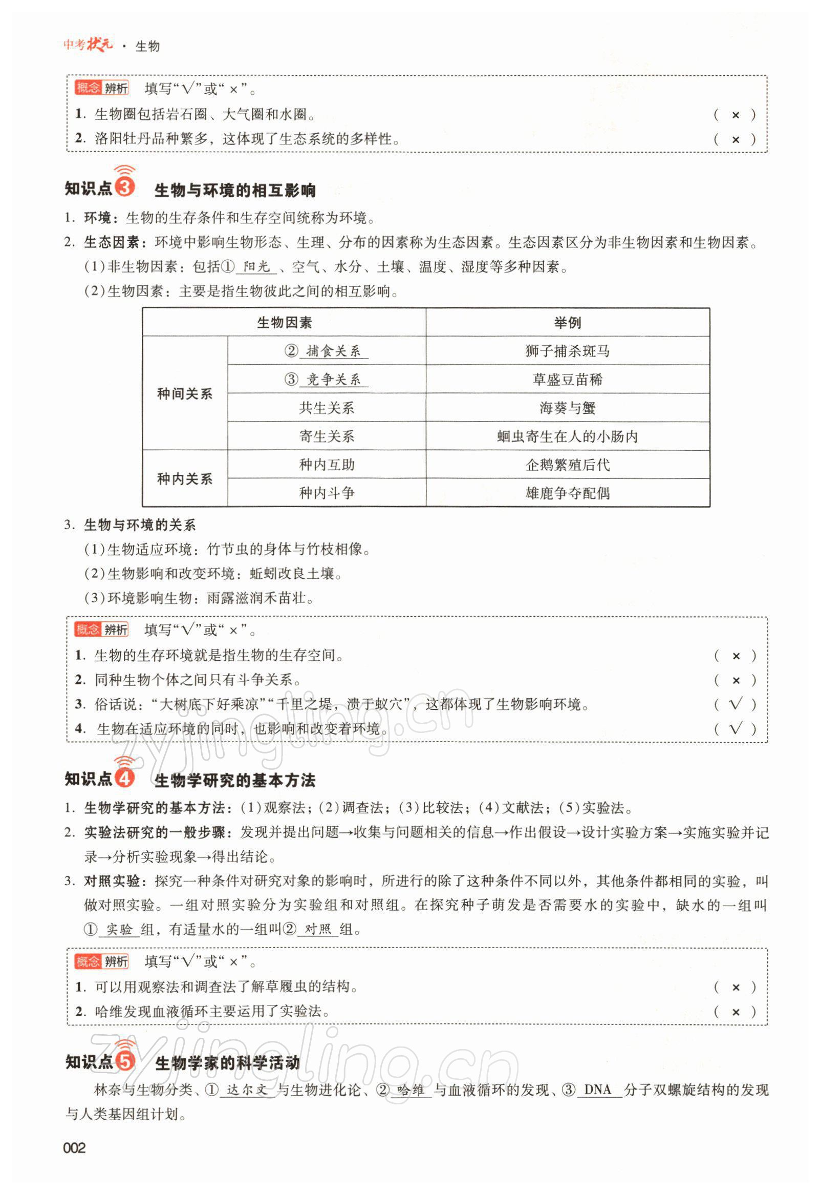 2022年中考狀元生物北師大版 參考答案第2頁