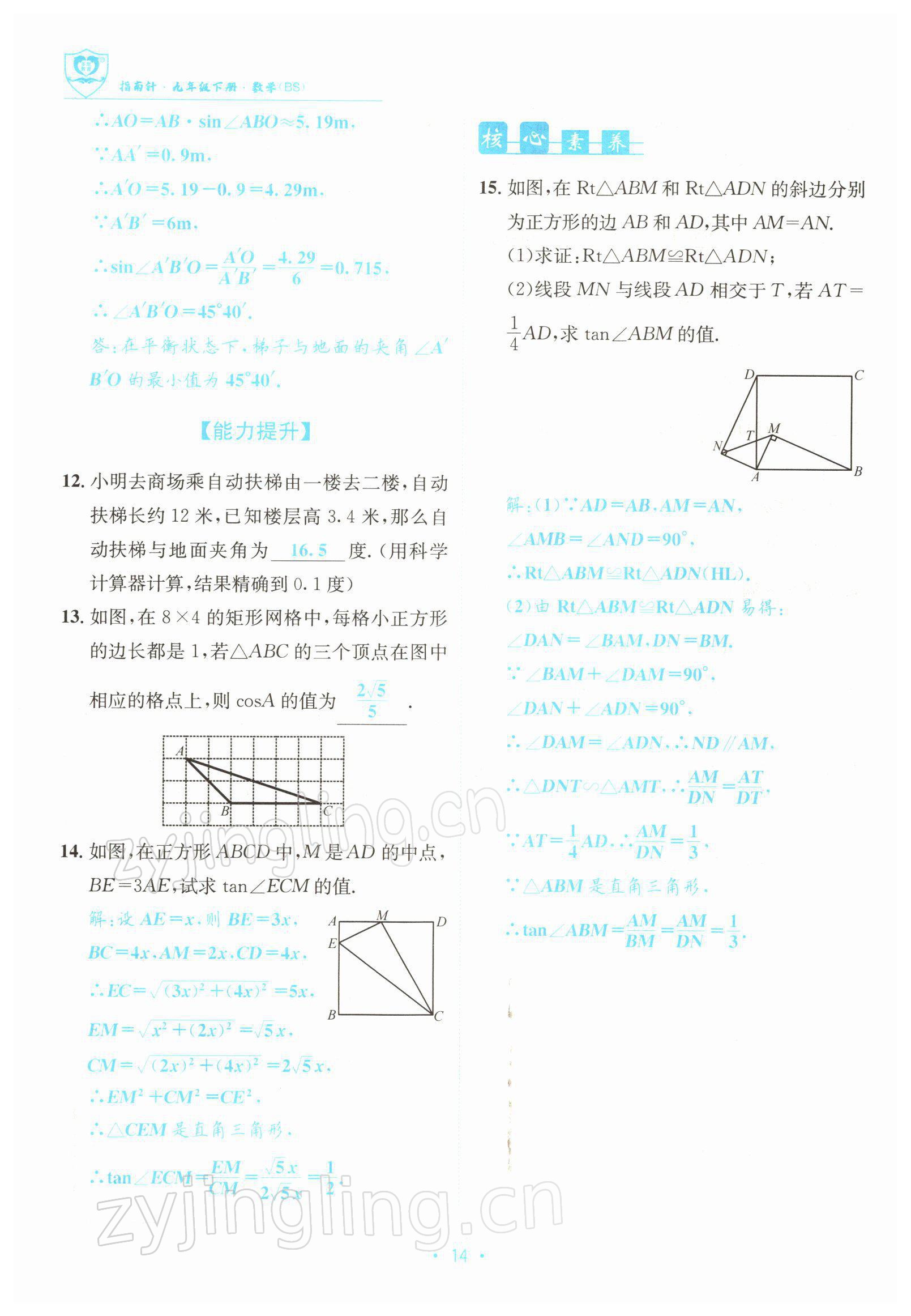 2022年指南針導(dǎo)學(xué)探究九年級數(shù)學(xué)下冊北師大版 參考答案第14頁