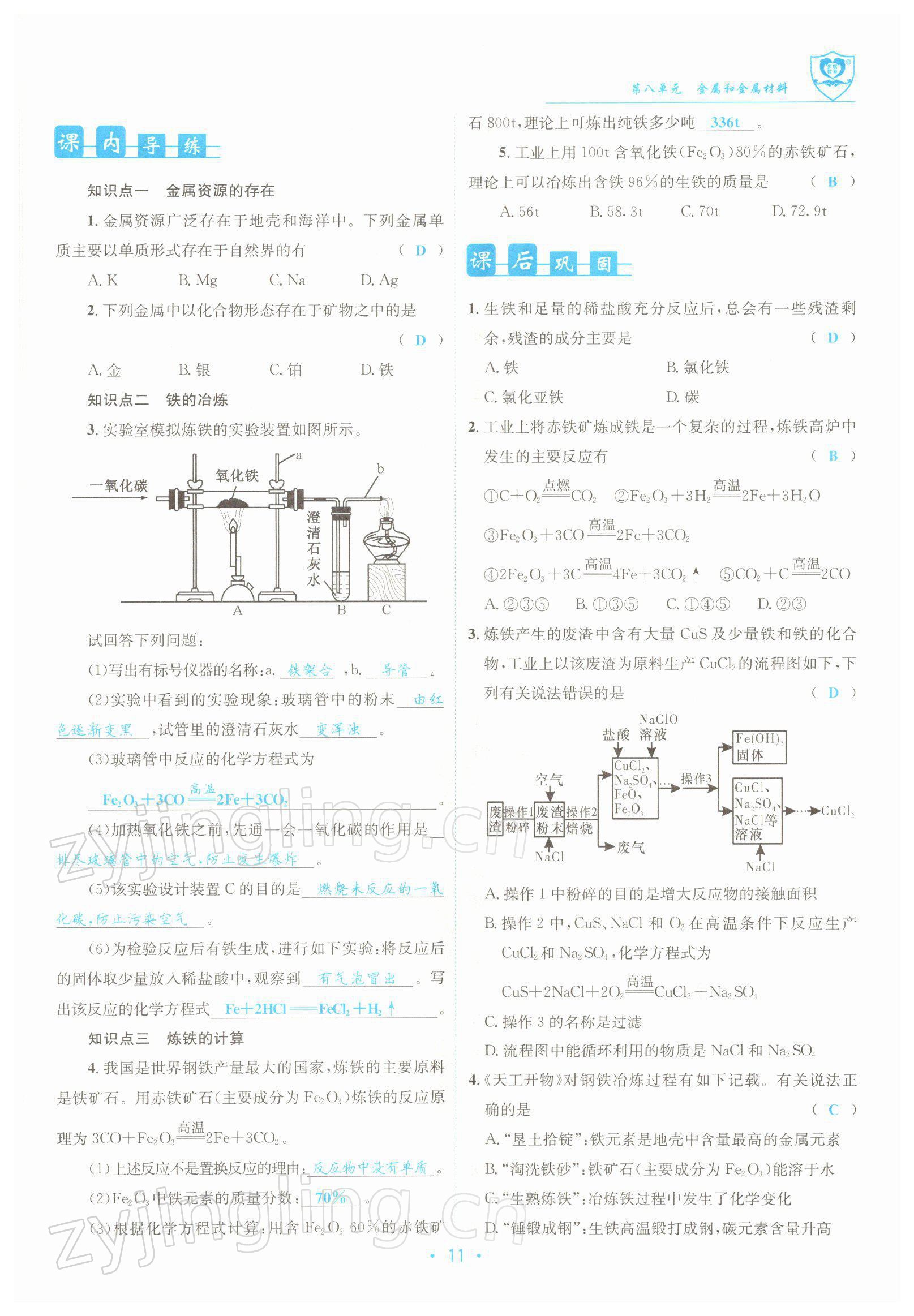 2022年指南針導(dǎo)學(xué)探究九年級(jí)化學(xué)下冊(cè)人教版 參考答案第11頁