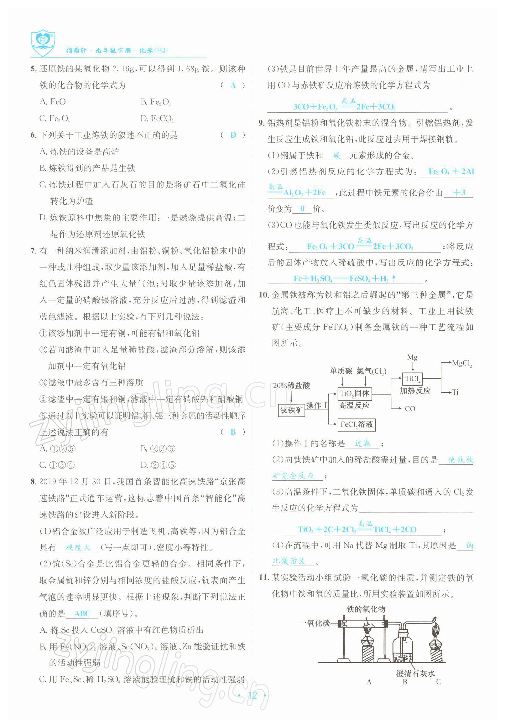 2022年指南針導(dǎo)學(xué)探究九年級化學(xué)下冊人教版 參考答案第12頁