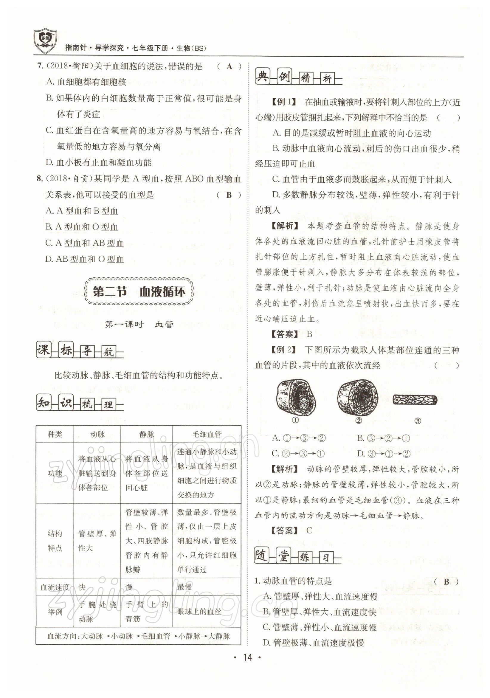 2022年指南针导学探究七年级生物下册北师大版 参考答案第14页