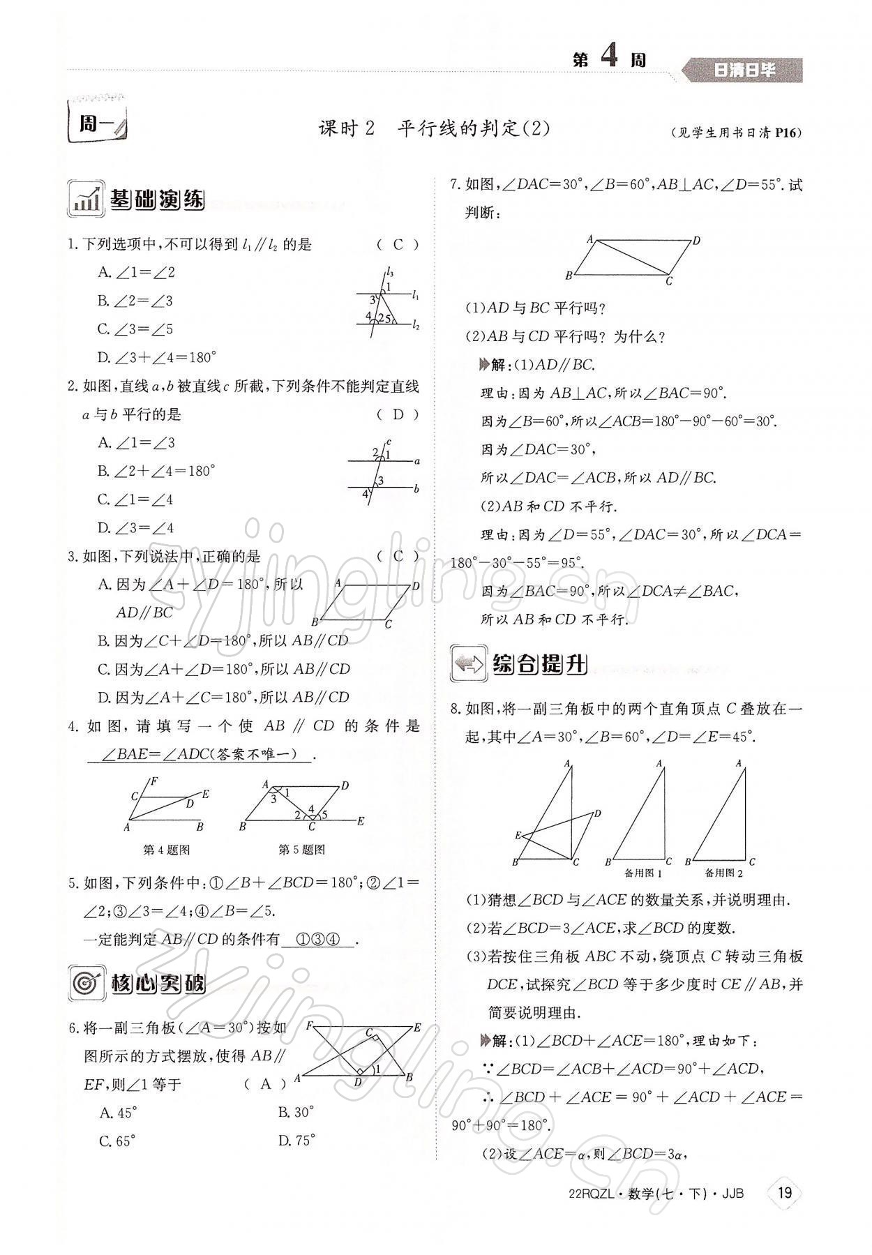 2022年日清周练七年级数学下册冀教版 参考答案第19页