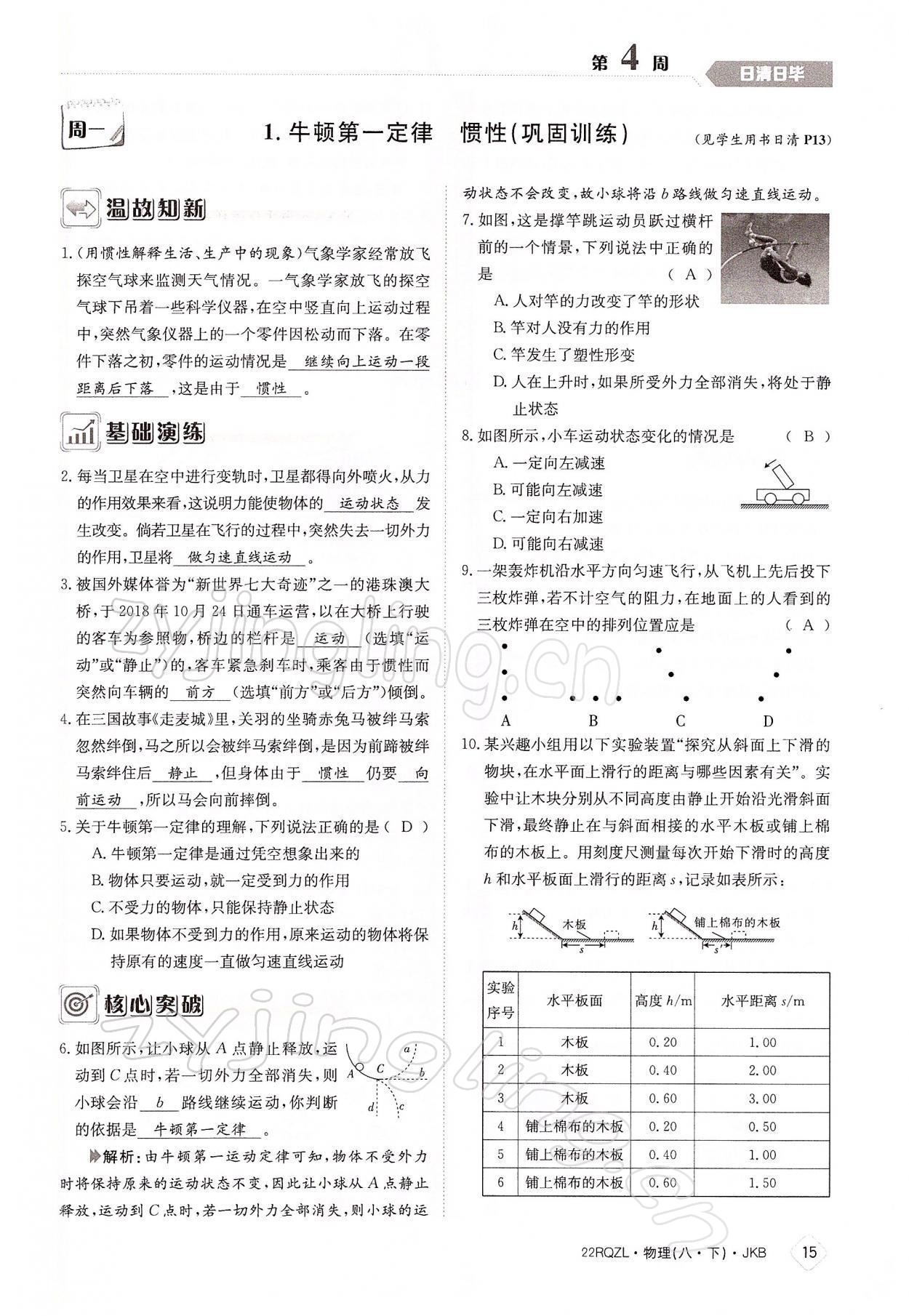 2022年日清周練八年級物理下冊教科版 參考答案第15頁