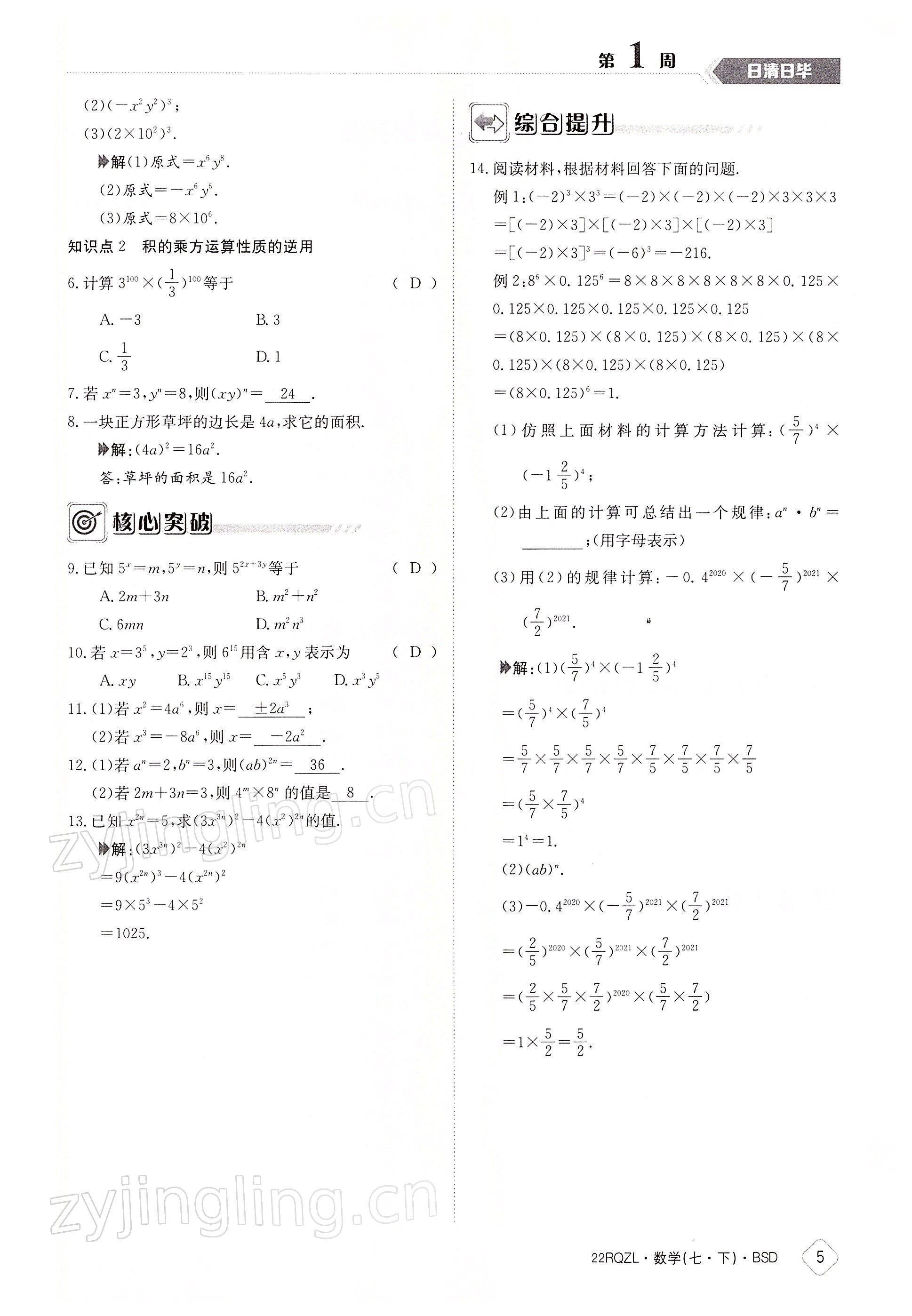 2022年日清周练七年级数学下册北师大版 参考答案第5页